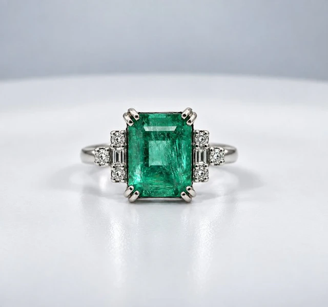 Ring - 18 kt. White gold - 4.09ct. tw. Emerald - Diamond - Green