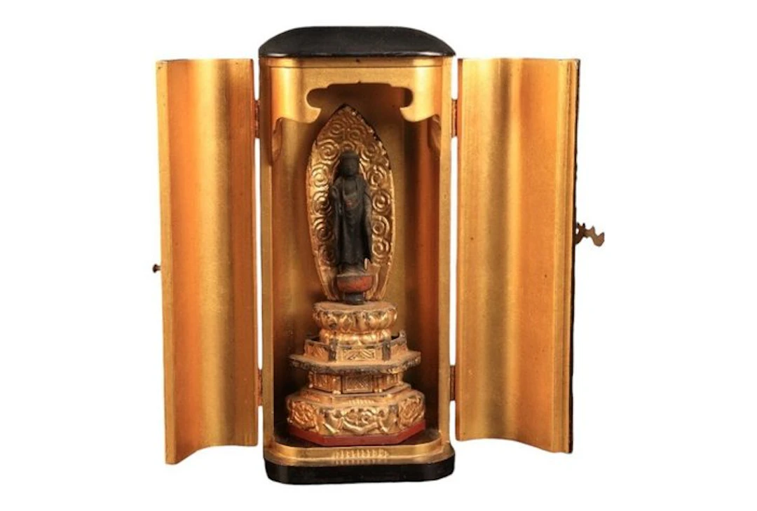 Japanese Buddhist home altar (zushi) with Kannon statue –...
