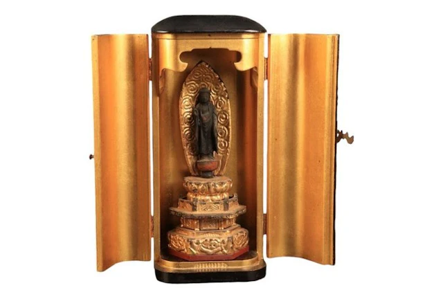 Japanese Buddhist home altar (zushi) with Kannon statue –...