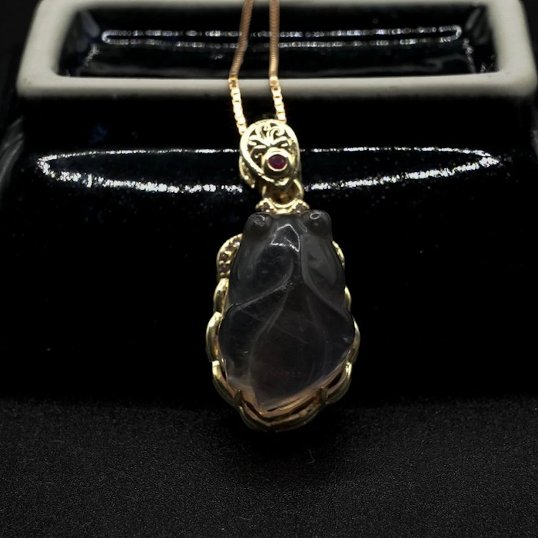 Natural Fluorite Hand‑Carved Koi Fish Pendant - Height...