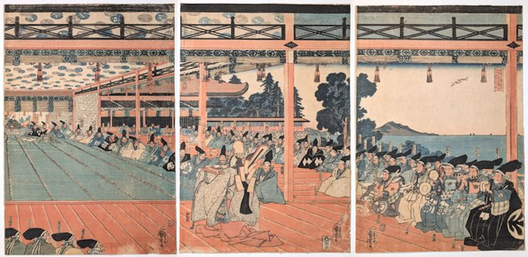 KUNIYOSHI • Shizuka Gozen dances before Yoritomo at...