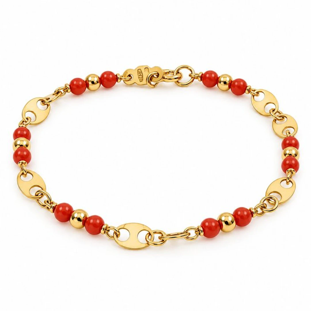Bracelet - 18 kt. Yellow gold Coral - Made in Italy - Handmade