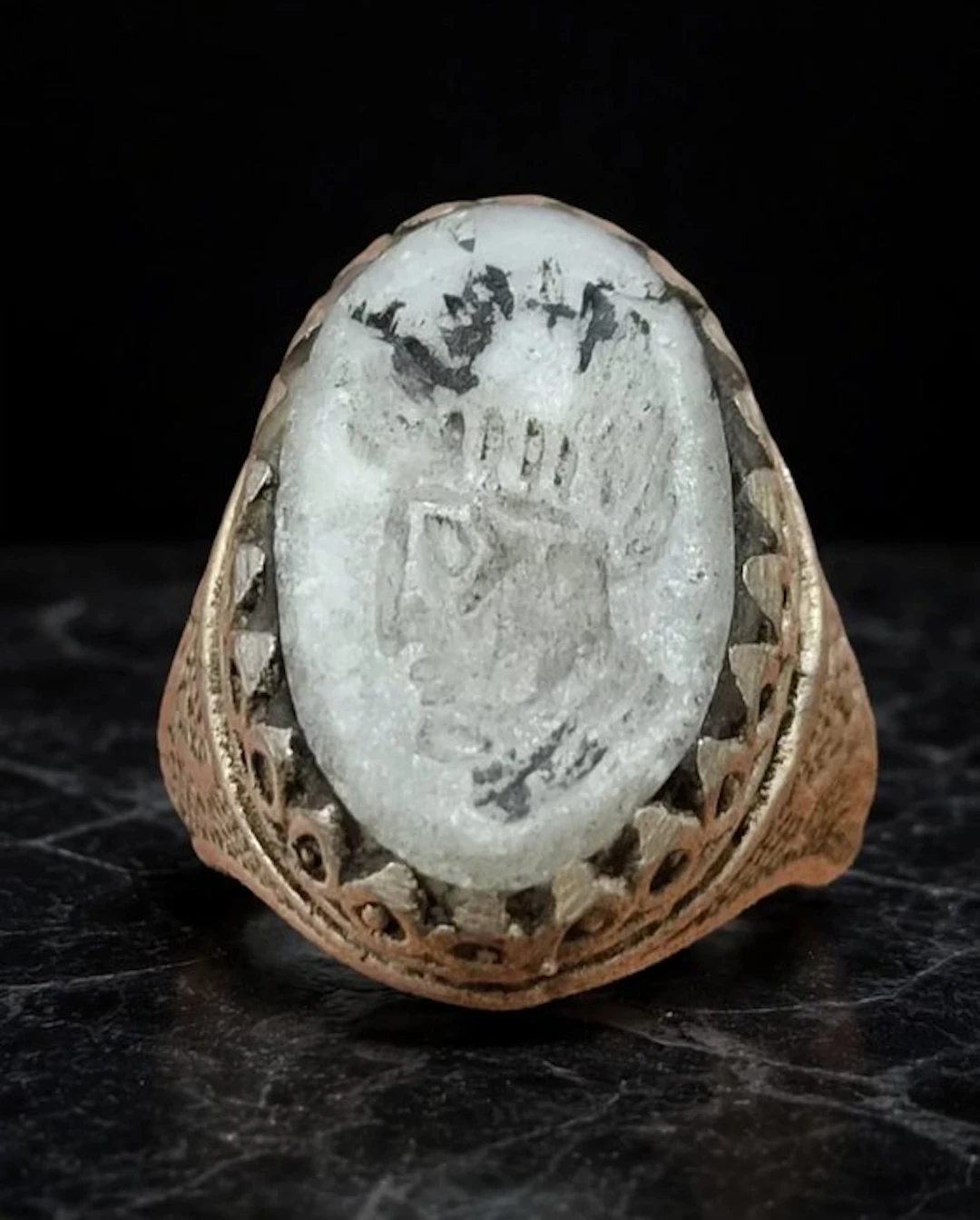Islamic Bronze Ring with Engraved White Agate 18th to...