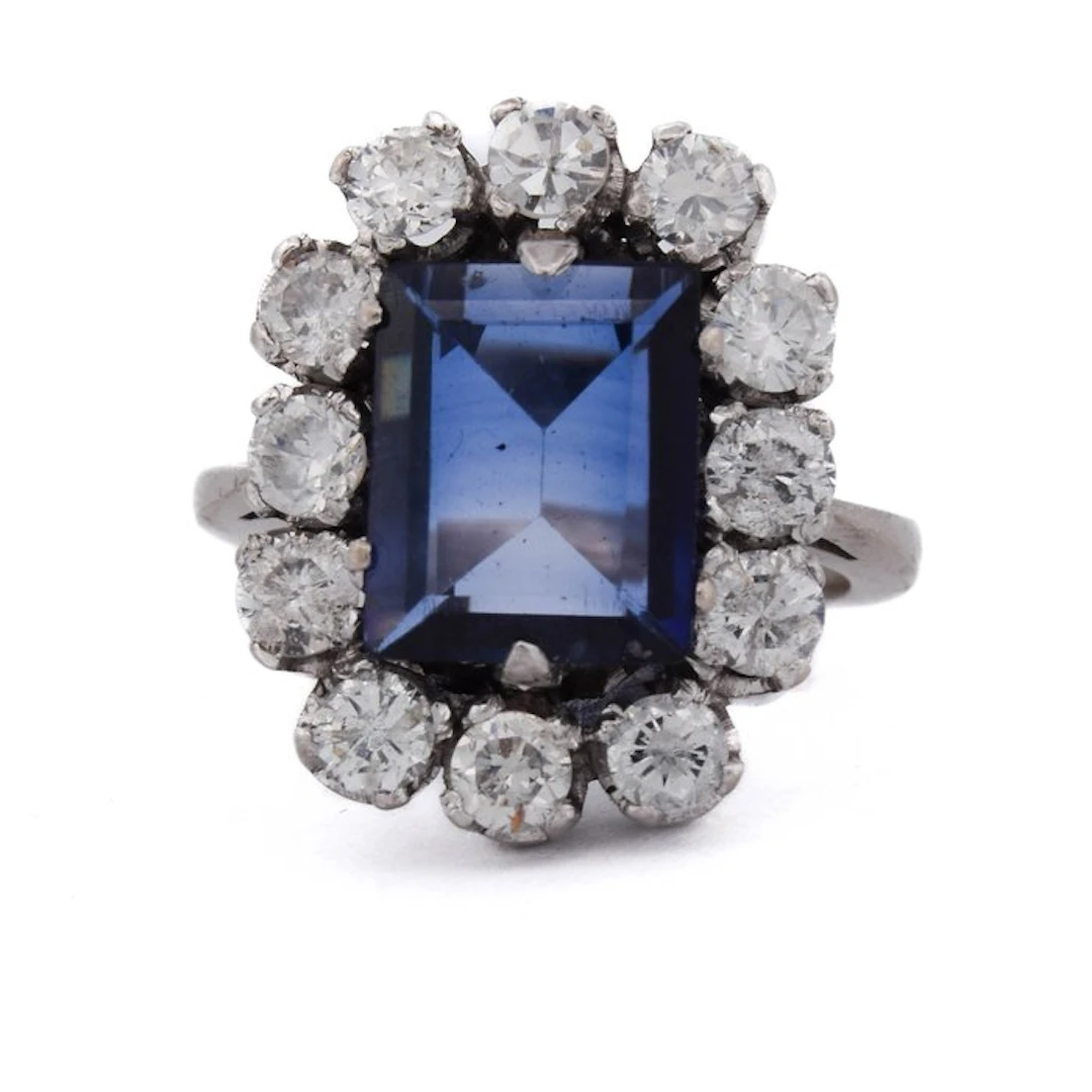 Ring - 18 kt. White gold - 4.35ct. tw. Sapphire - Diamond