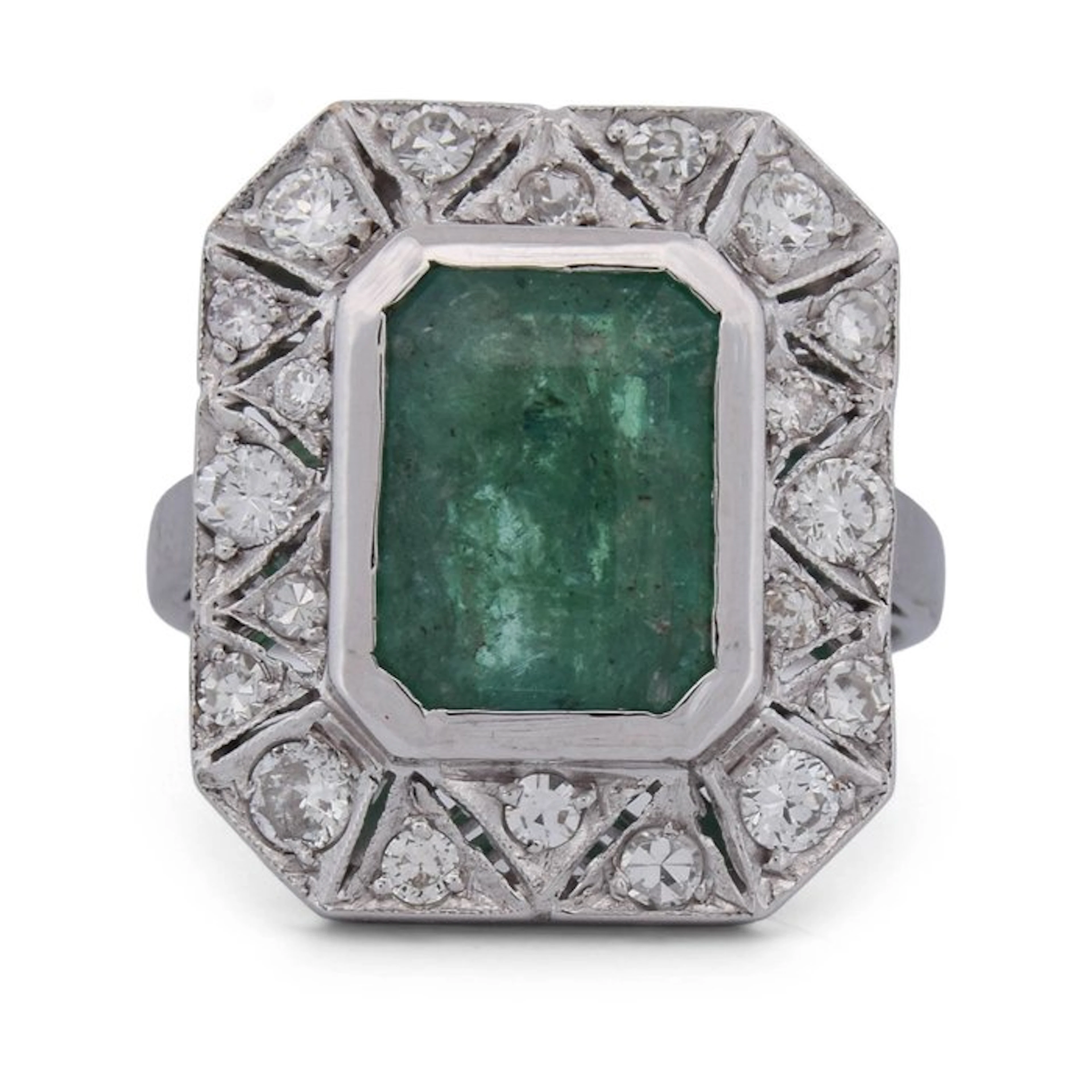 Ring - 18 kt. White gold - 5.30ct. tw. Emerald - Diamond