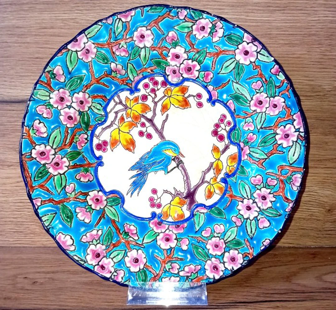 Longwy - Japonisante - Plate - Décor floral japonisant...