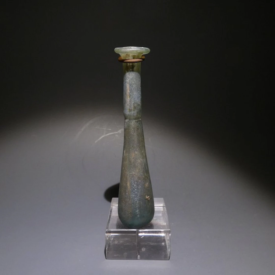 Ancient Roman Glass Flask. 11 cm H. 1st - 2nd century AD