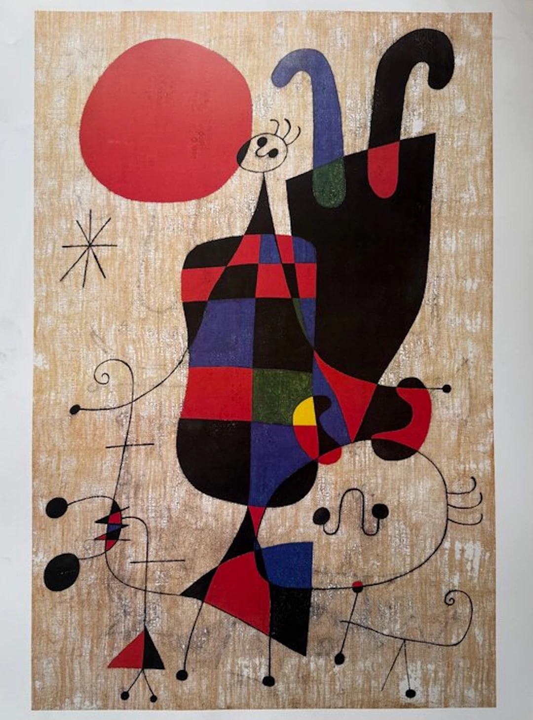 Joan Miro (1893-1983) - Personnages et chien devant le soleil