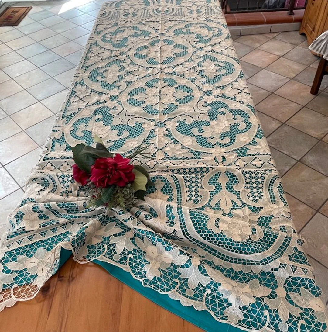 tovaglia da tavola d’epoca in lino e pizzo burano 2,67 x...
