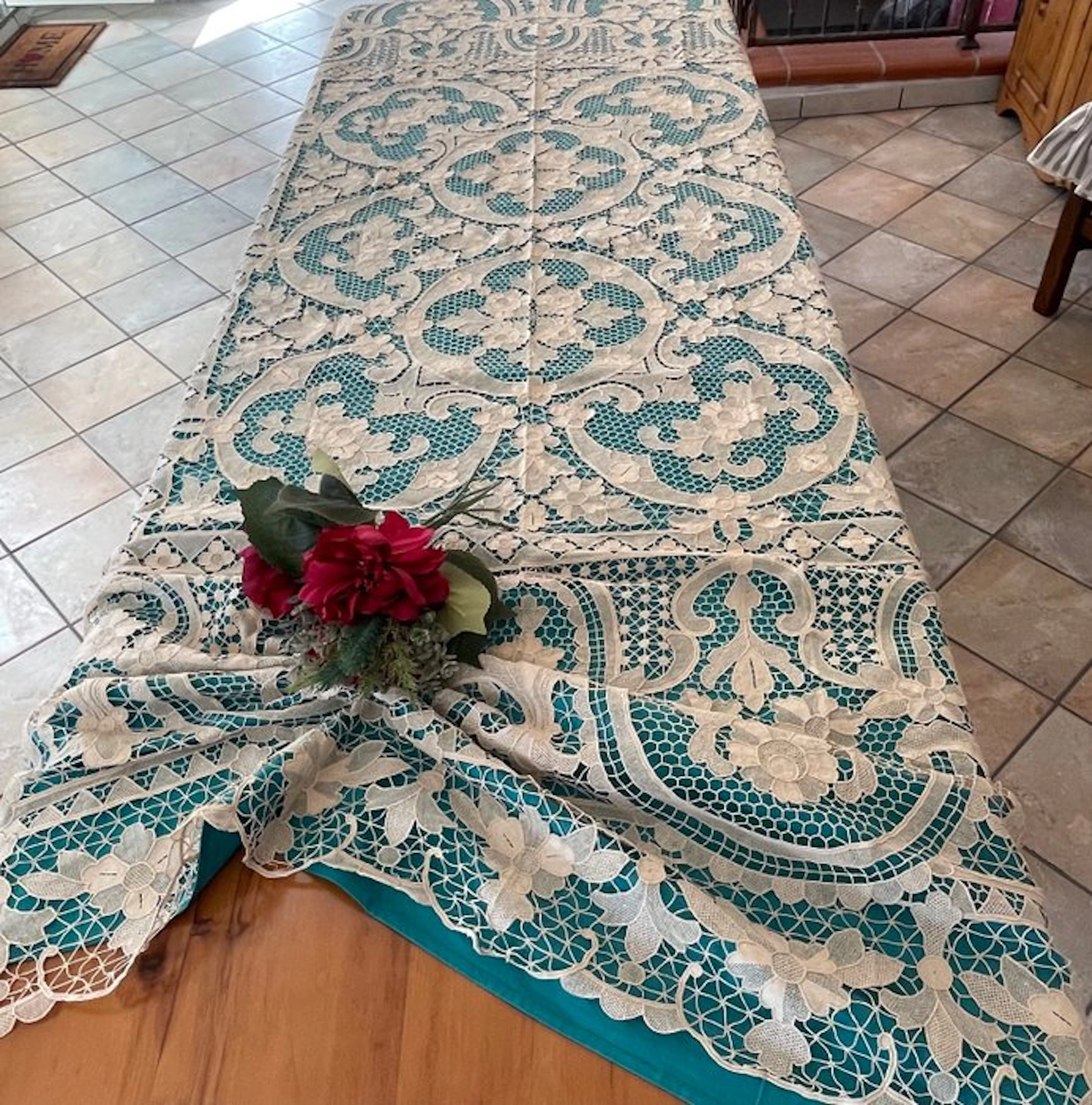 tovaglia da tavola d’epoca in lino e pizzo burano 2,67 x...
