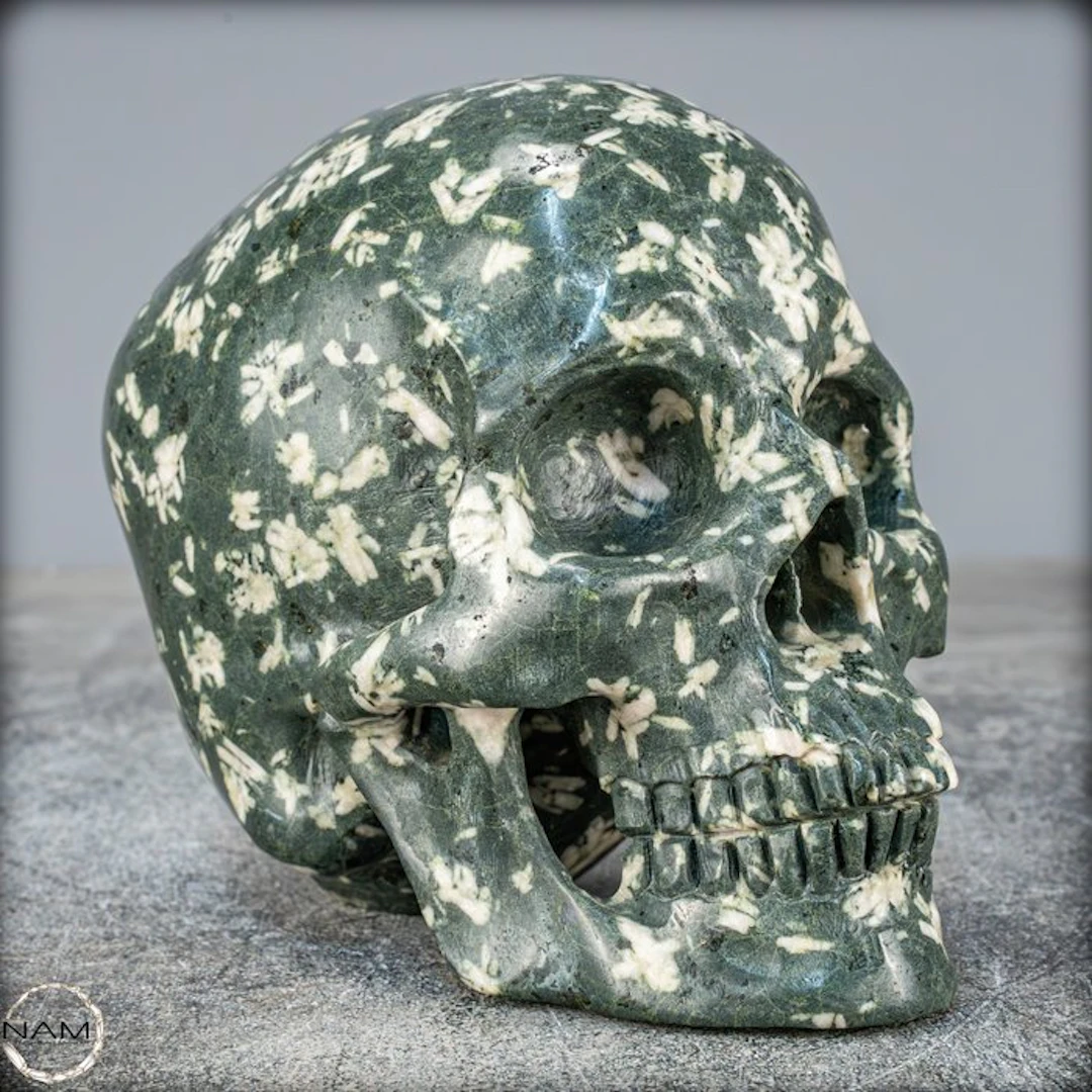 Fine Carved Green Jasper and Epidote Skull, Indonesia- 1520.38 g
