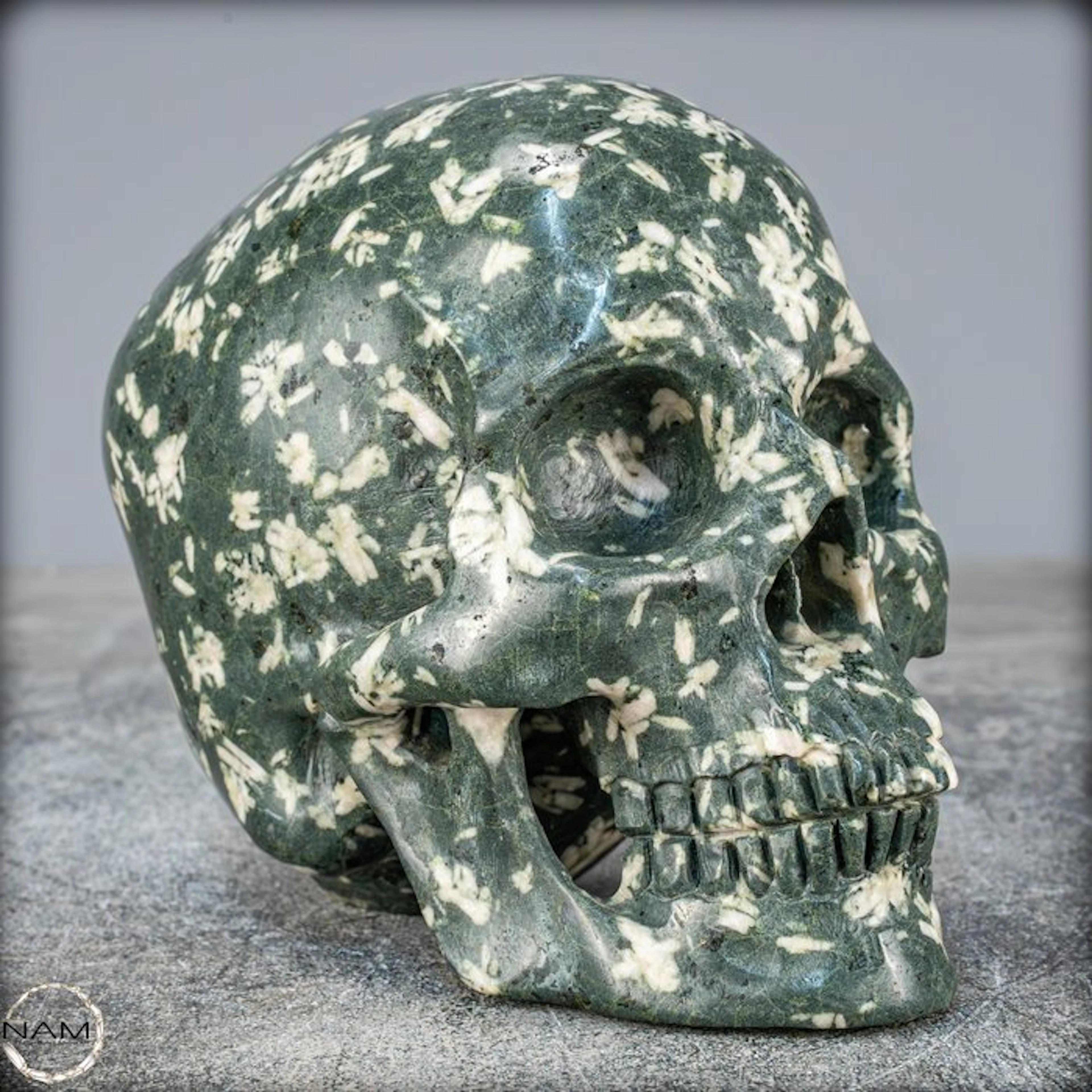 Fine Carved Green Jasper and Epidote Skull, Indonesia- 1520.38 g