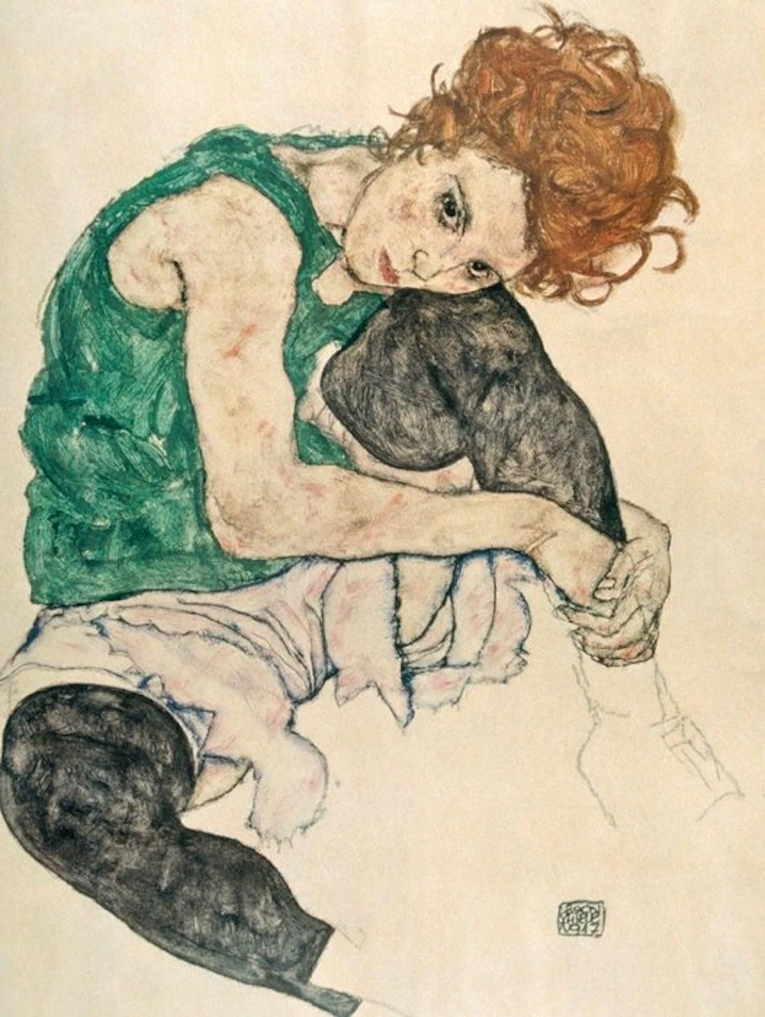 Egon Schiele - "Seated woman with raised knee, 1917”. Gesigneerd in de plaat.