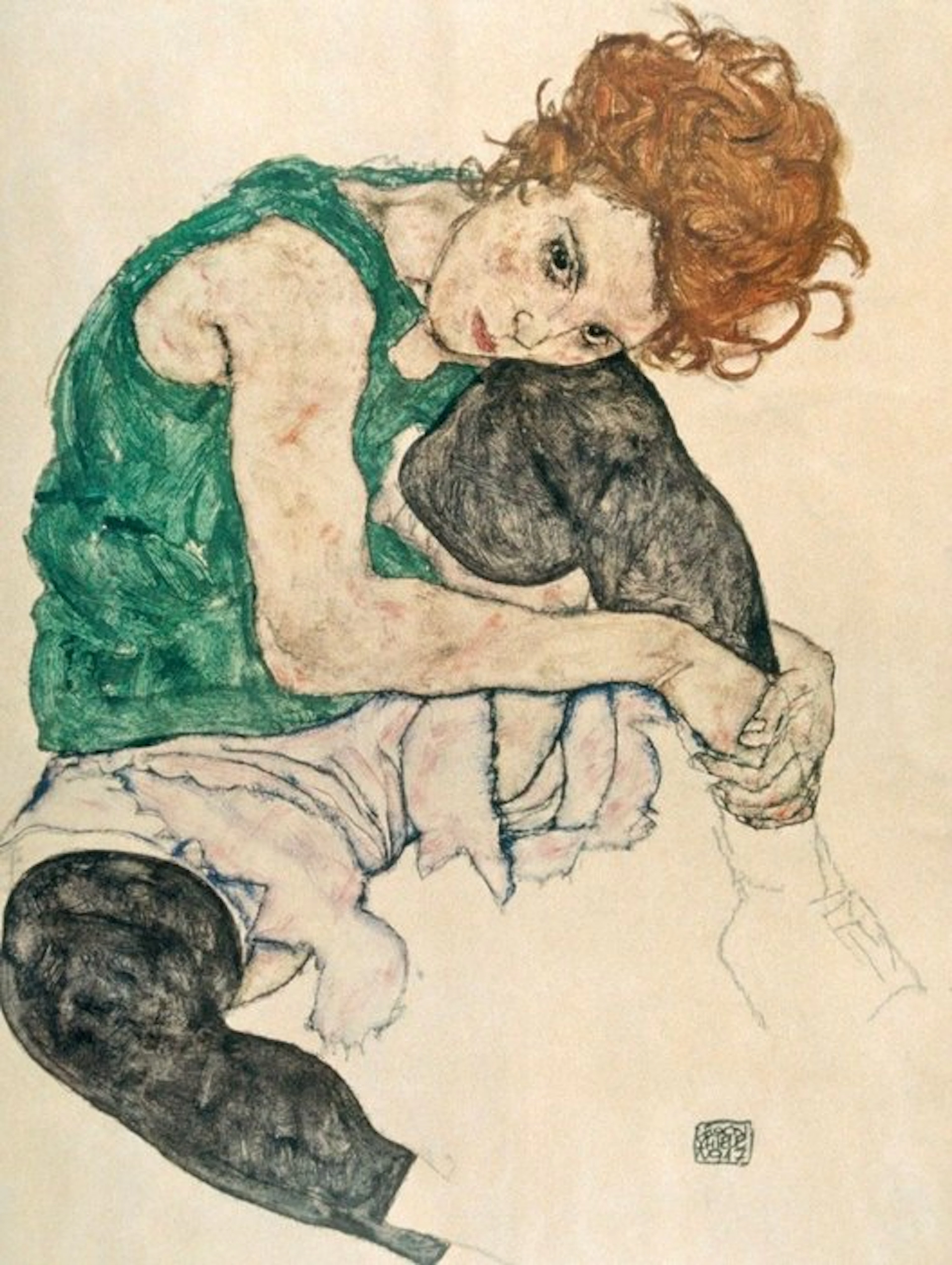 Egon Schiele - "Seated woman with raised knee, 1917”. Gesigneerd in de plaat.