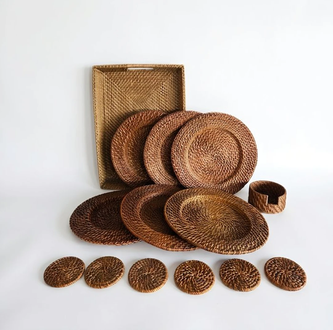 Plate (13) - Met glasonderzetters en dienblad - Rattan - Underplates
