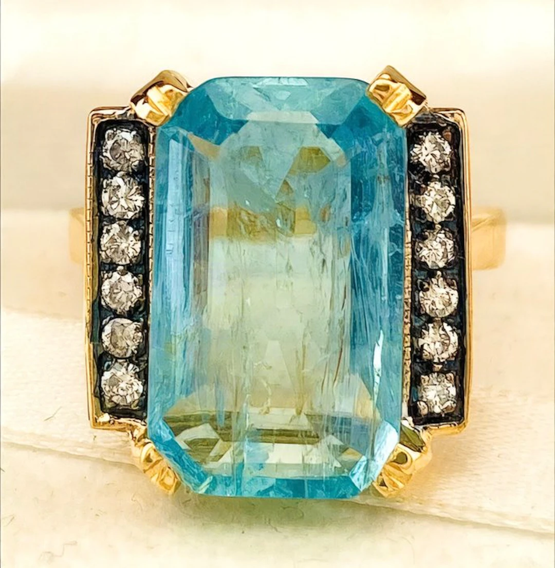 No reserve price - Ring - 9 kt. Yellow gold, Silver Aquamarine - Diamond