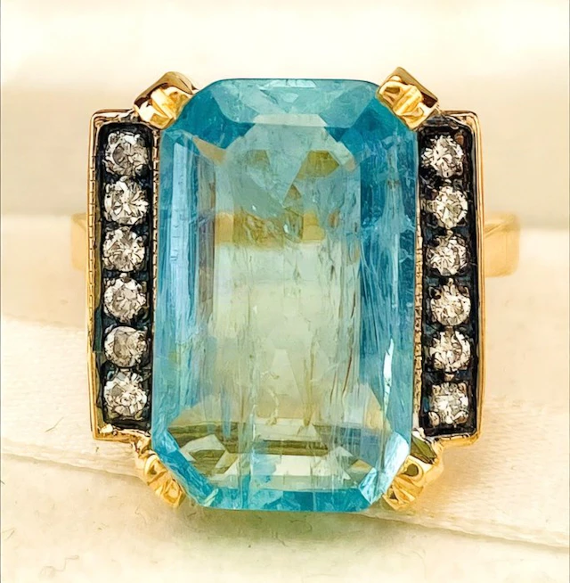 No reserve price - Ring - 9 kt. Yellow gold, Silver Aquamarine - Diamond