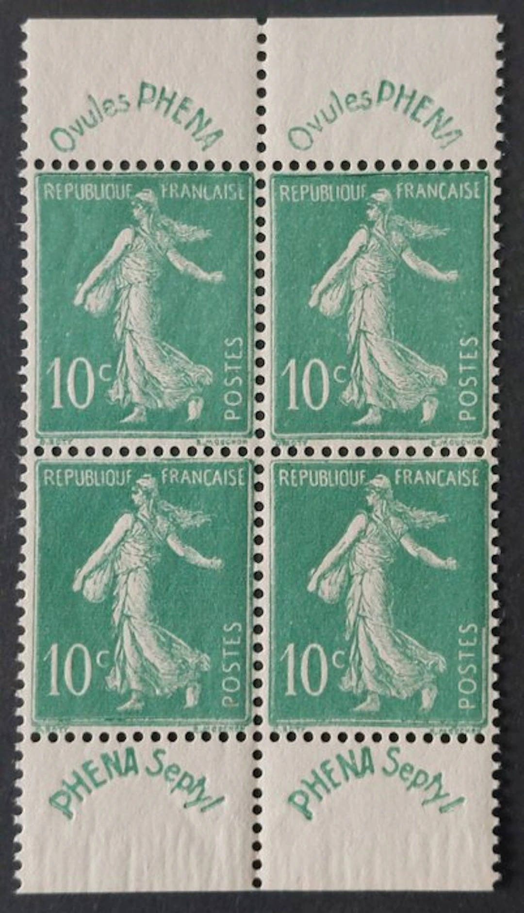 France 1924/26 - Phéna, The Sower, 10c green, block of 4 mint - Yvert 188