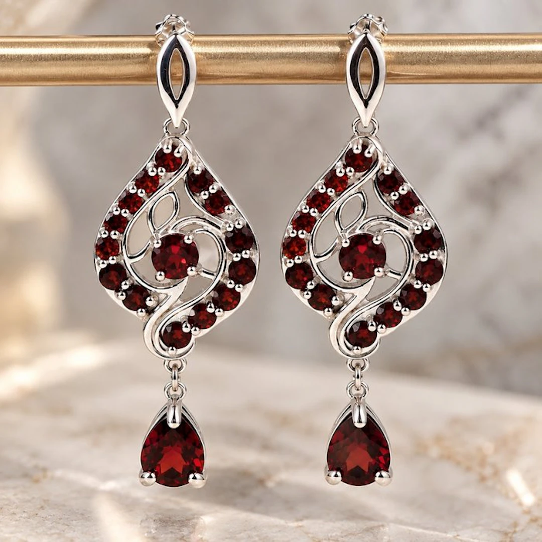 No reserve price - Earrings Silver - Garnet - Certified