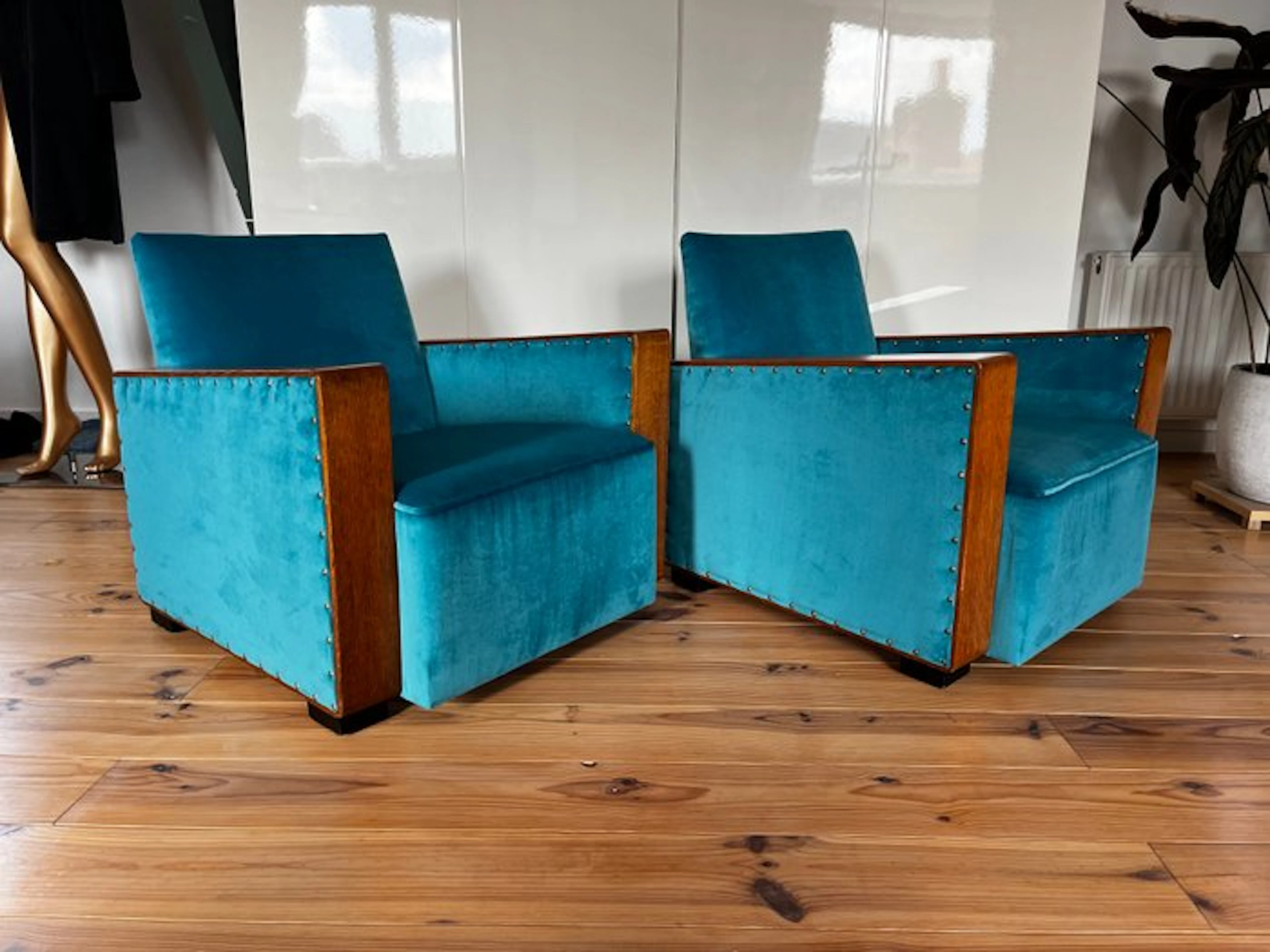 Lounge chair (2) - Velour, Oak - Art Deco lounge chairs
