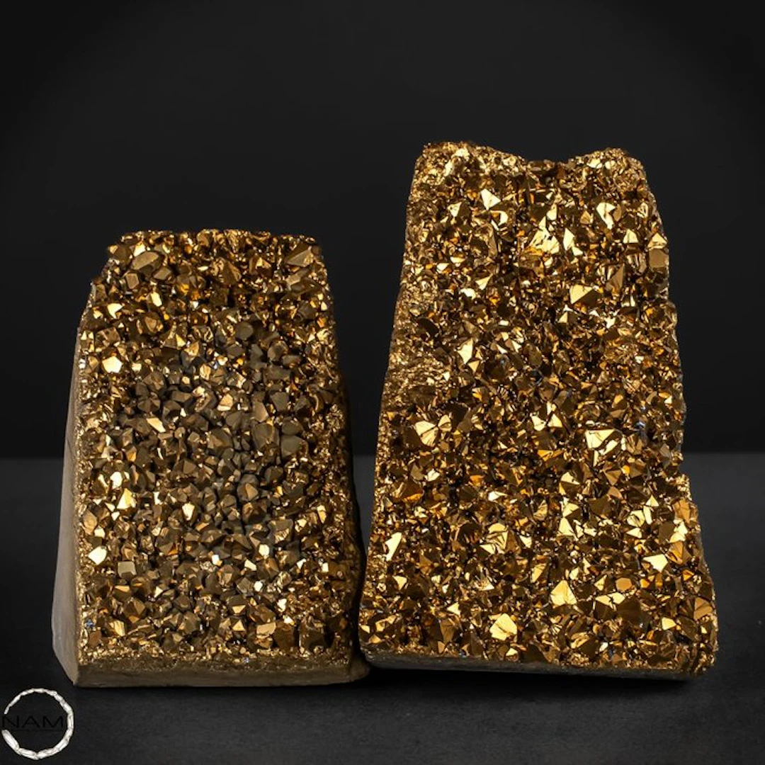 Spectacular gold aura amethyst drusen duo with an intense...