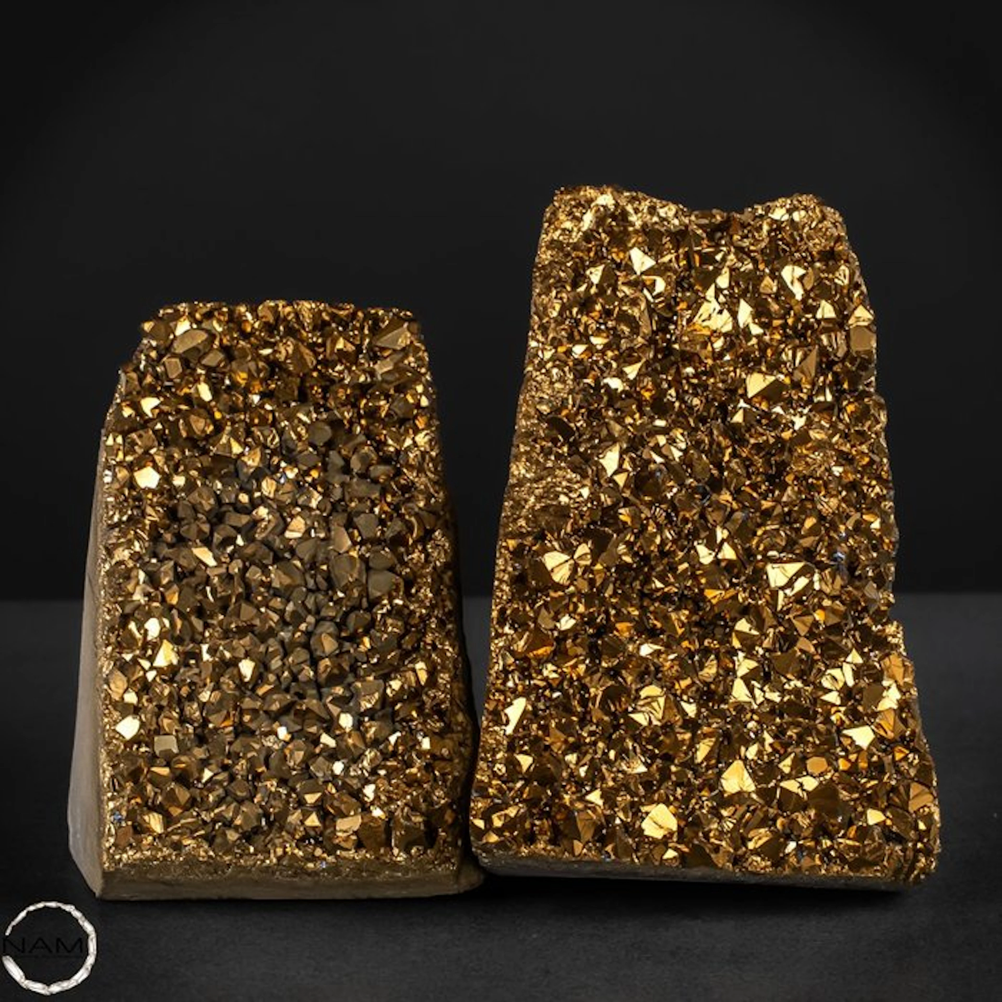 Spectacular gold aura amethyst drusen duo with an intense...