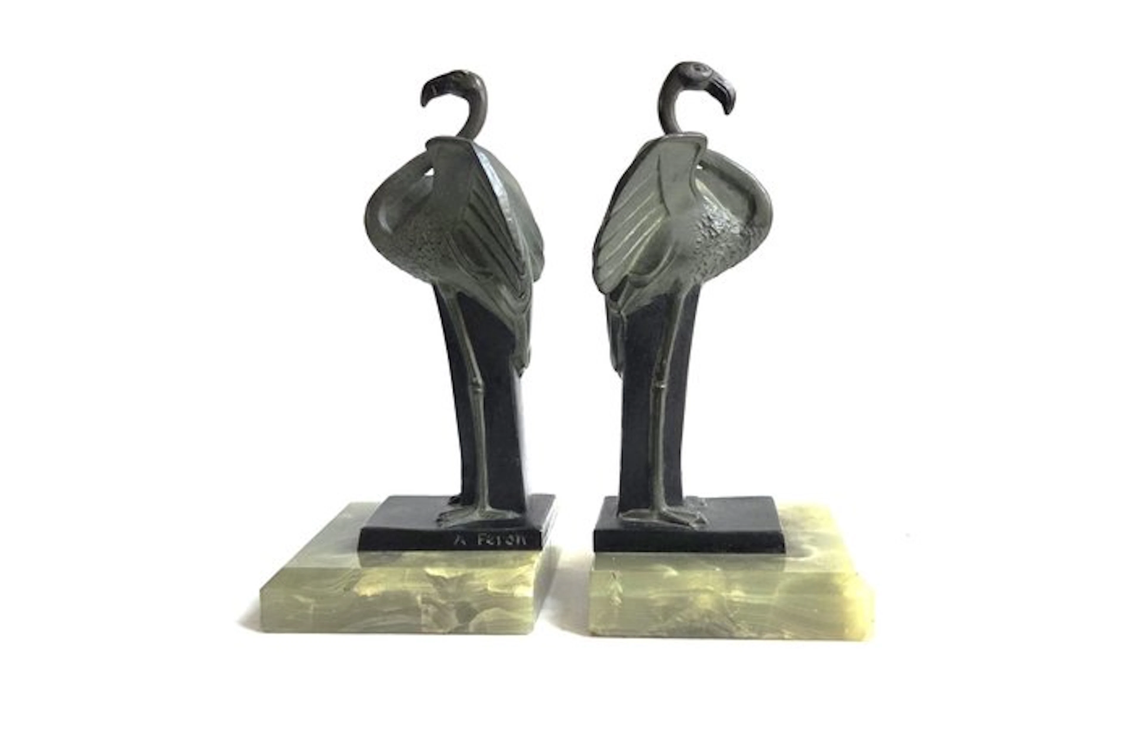 Adam Feron - Bookends (2) - Flamingos - bronze and onyx