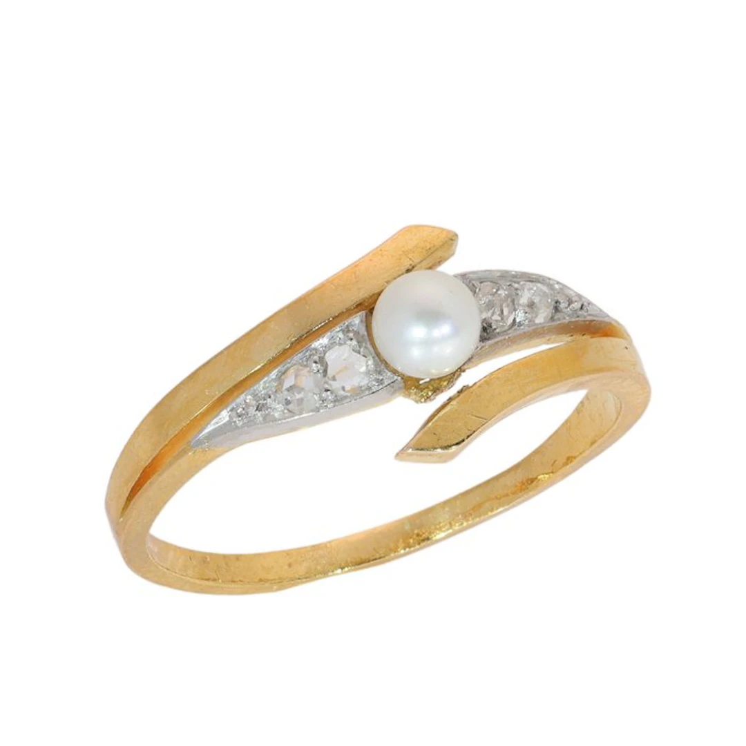 Ring - 18 kt. Yellow gold Diamond (Natural) - Pearl - Vintage antique 1900