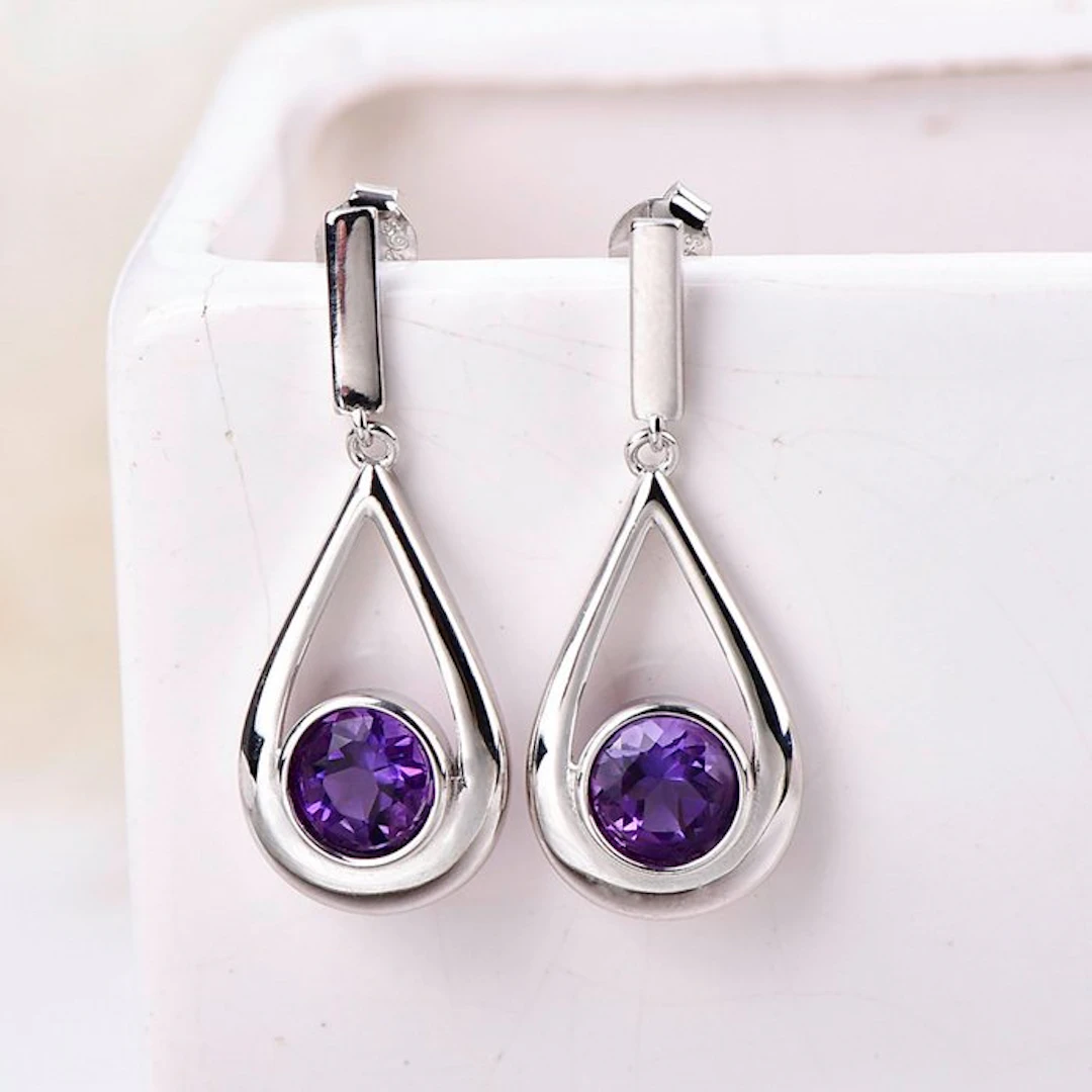 No reserve price - Earrings Silver - Amethyst - Certified