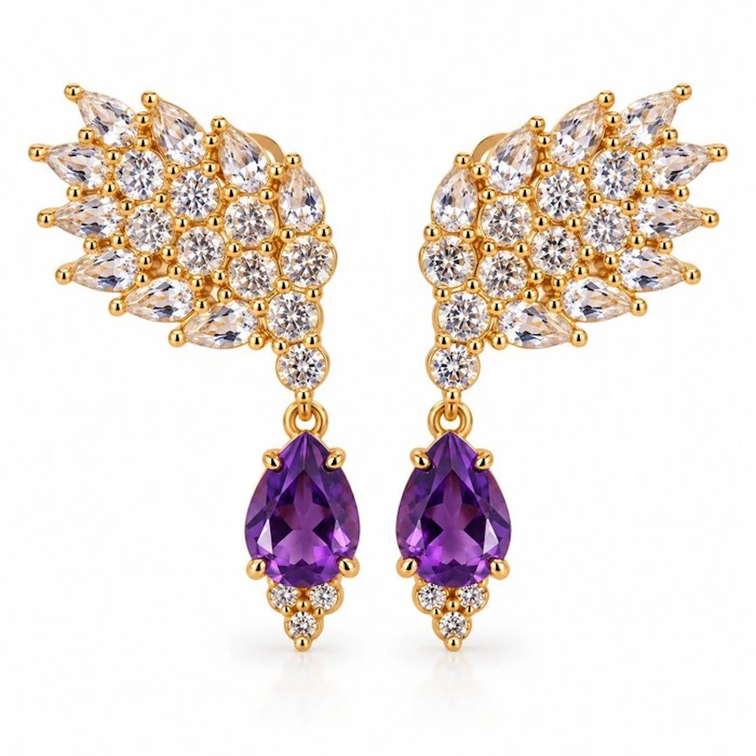 No reserve price - Earrings Gold-plated Amethyst - Diamond - 18kt Gold Plated