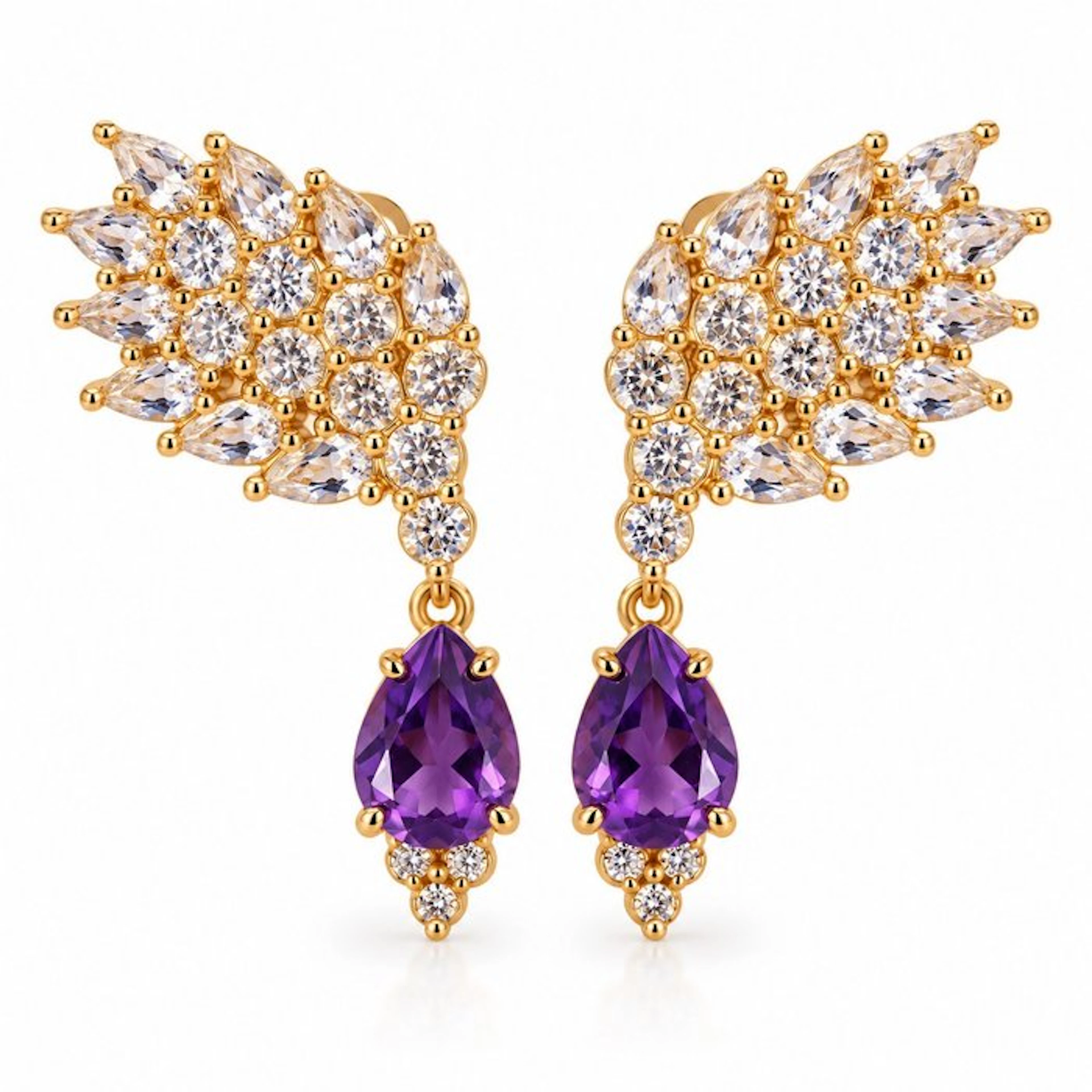 No reserve price - Earrings Gold-plated Amethyst - Diamond - 18kt Gold Plated