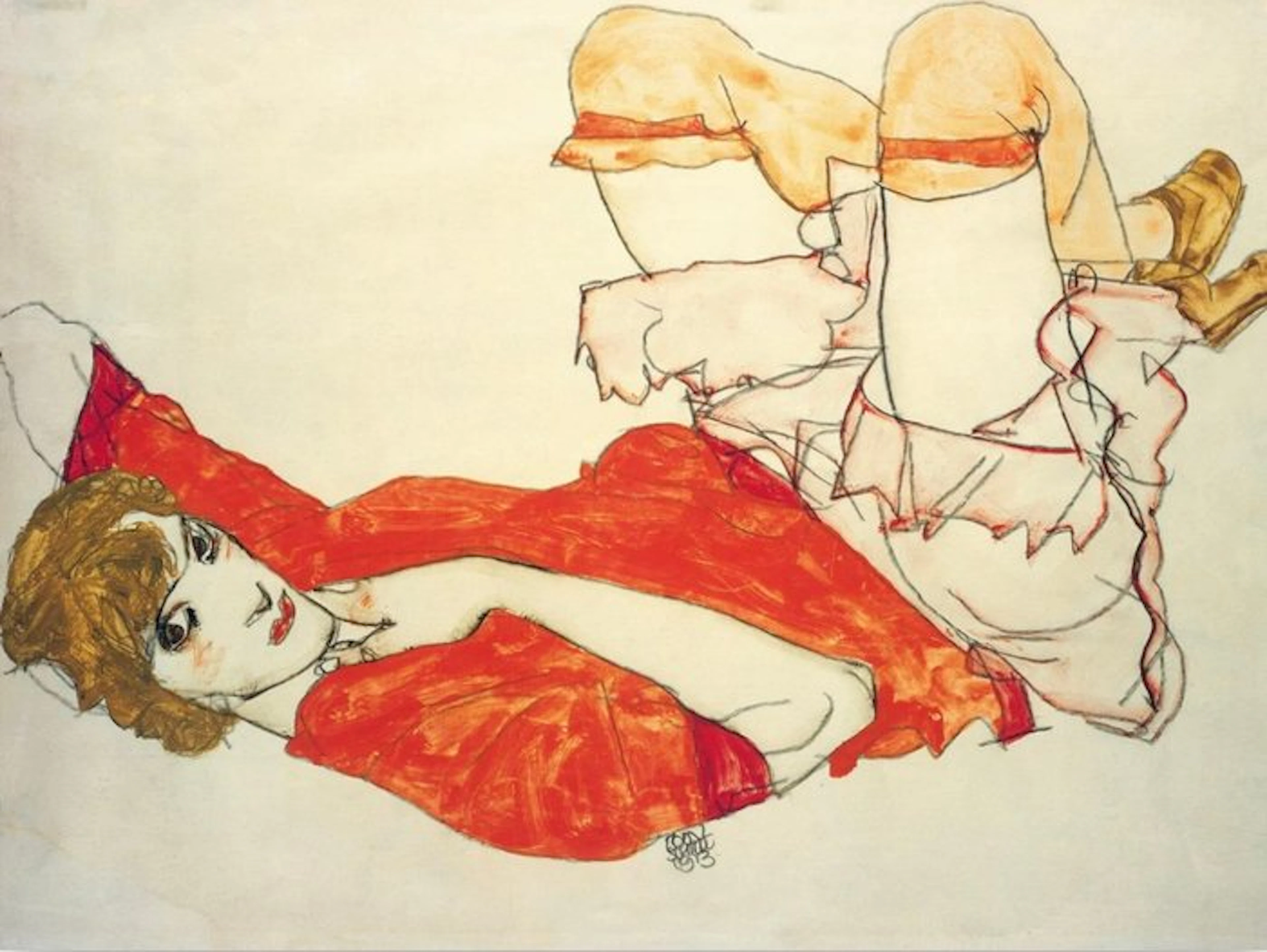 Egon Schiele - “Wally in a red blouse with raised knees