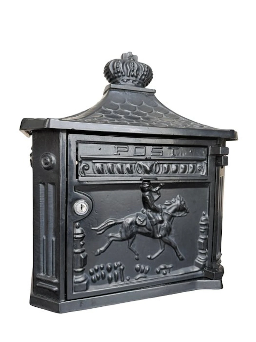 Letter box - Dark Blue Cast Iron Post Box with Crown and Horse Rider - 2020+