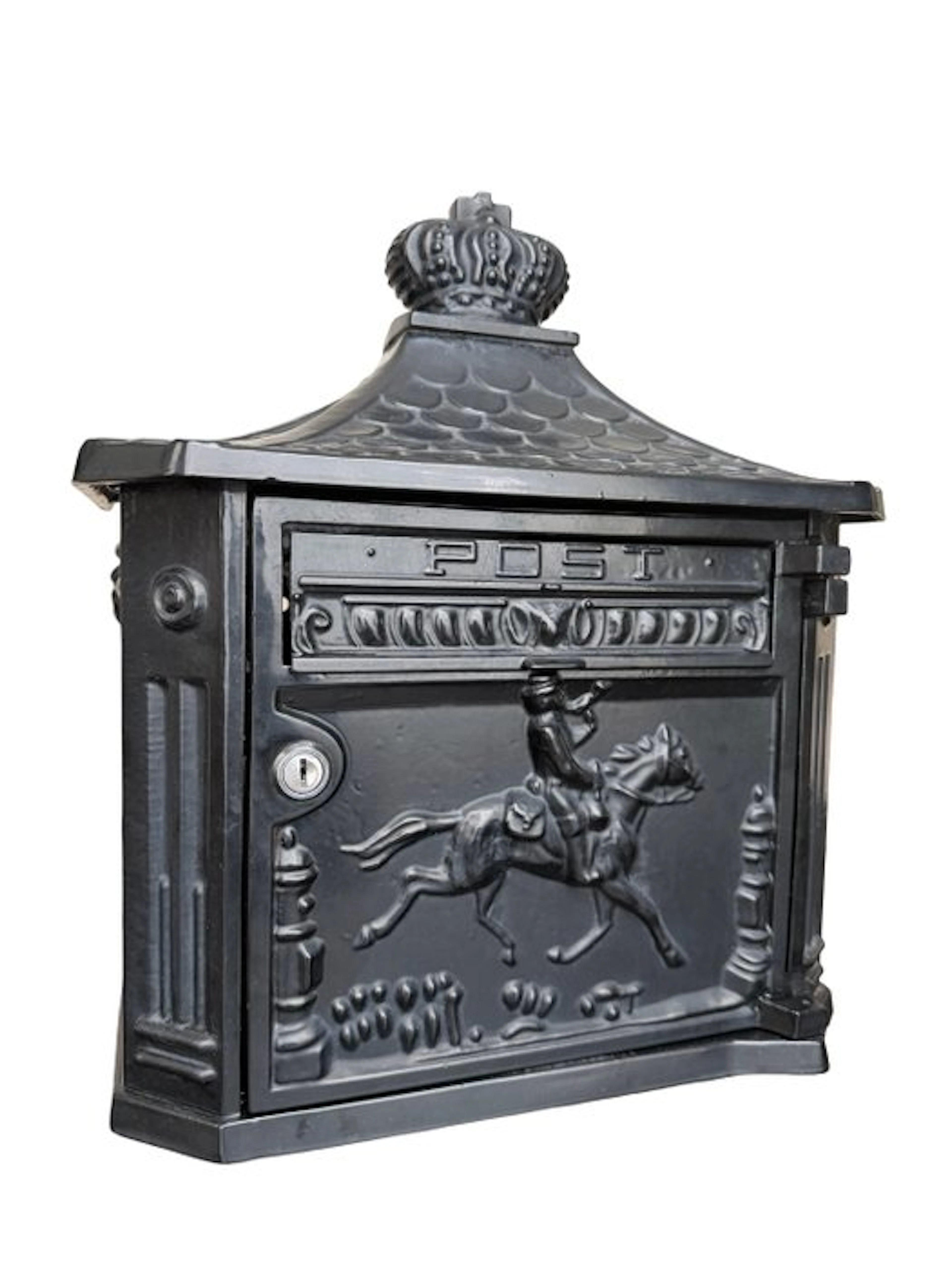Letter box - Dark Blue Cast Iron Post Box with Crown and Horse Rider - 2020+