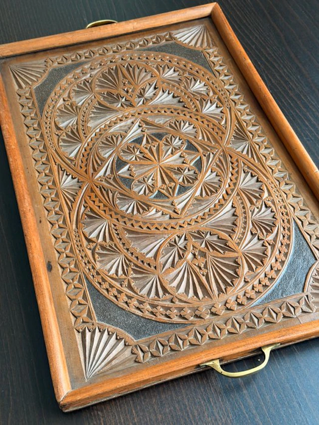 Antique Large Ornately Carved Serving Tray with Brass Handles - Tray - Wood
