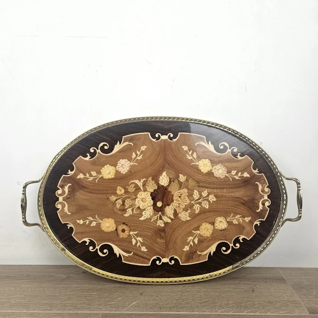 Tray - Italian marquetry tray with a floral motif - Wood, Brass - gallery rail