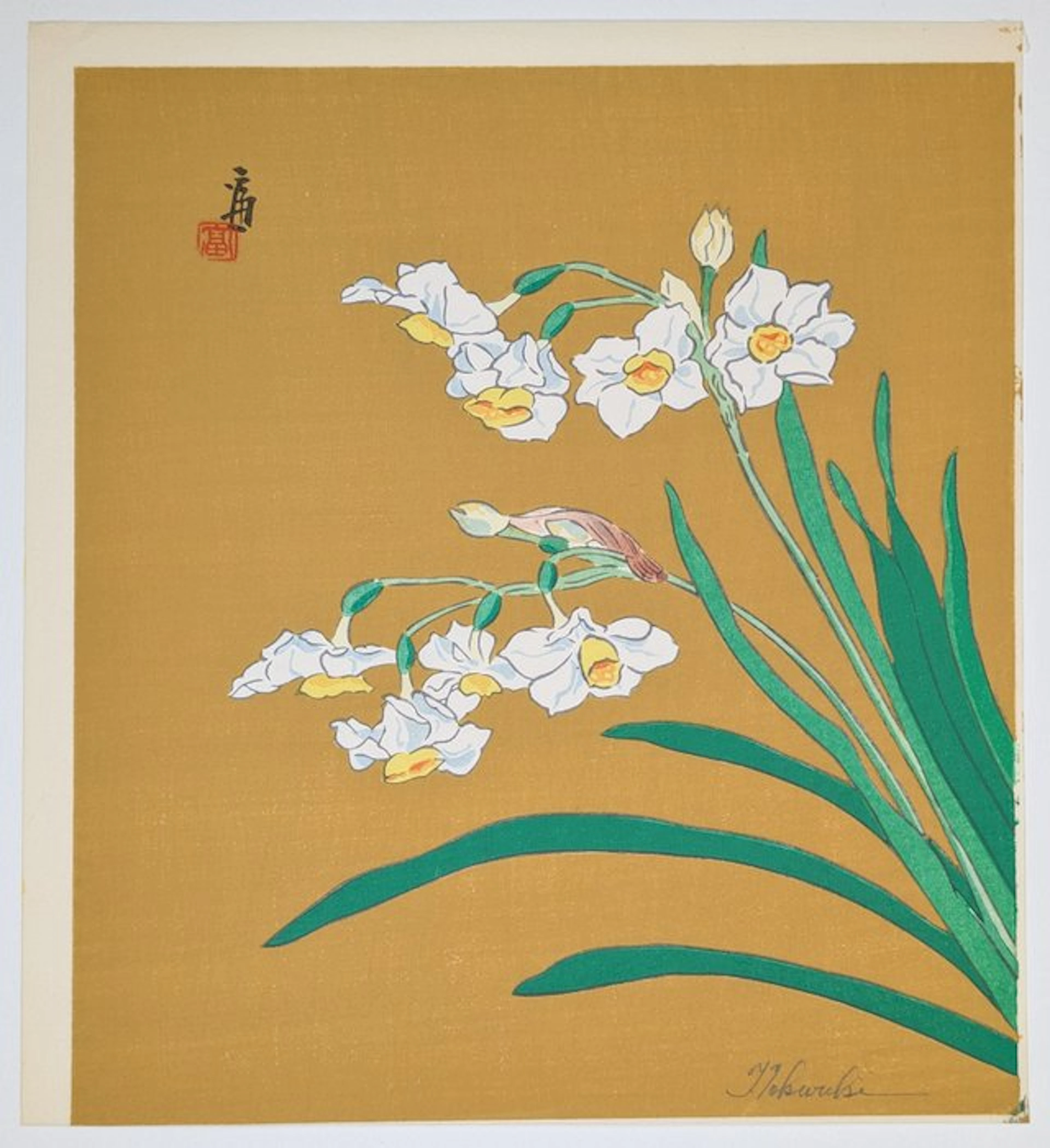 T. Tokuriki • Narcissus · Pencil-signed · Kyoto modern...
