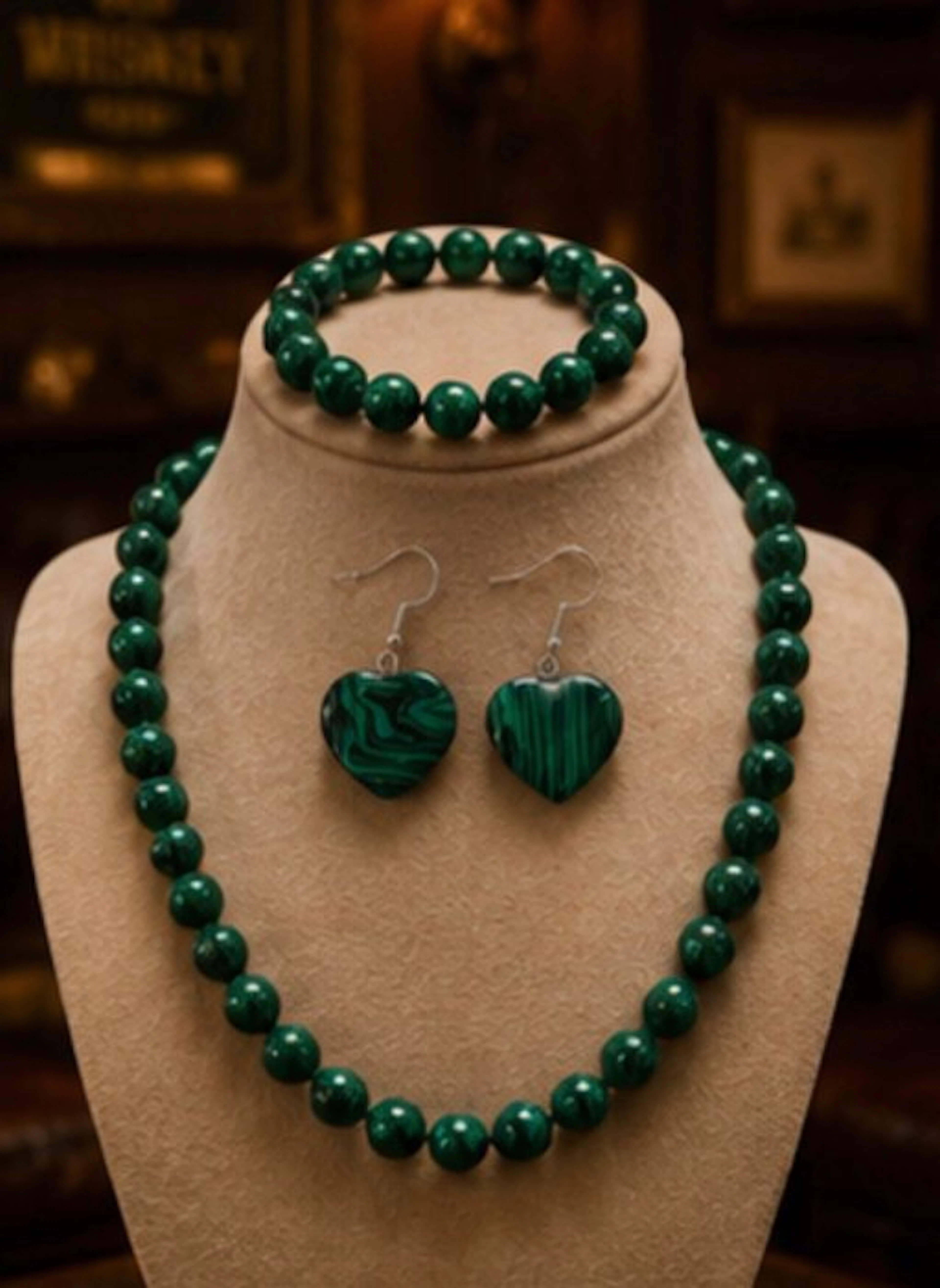 Luxurious Malachite Set Collar Bracelet and Heart earrings - Necklace