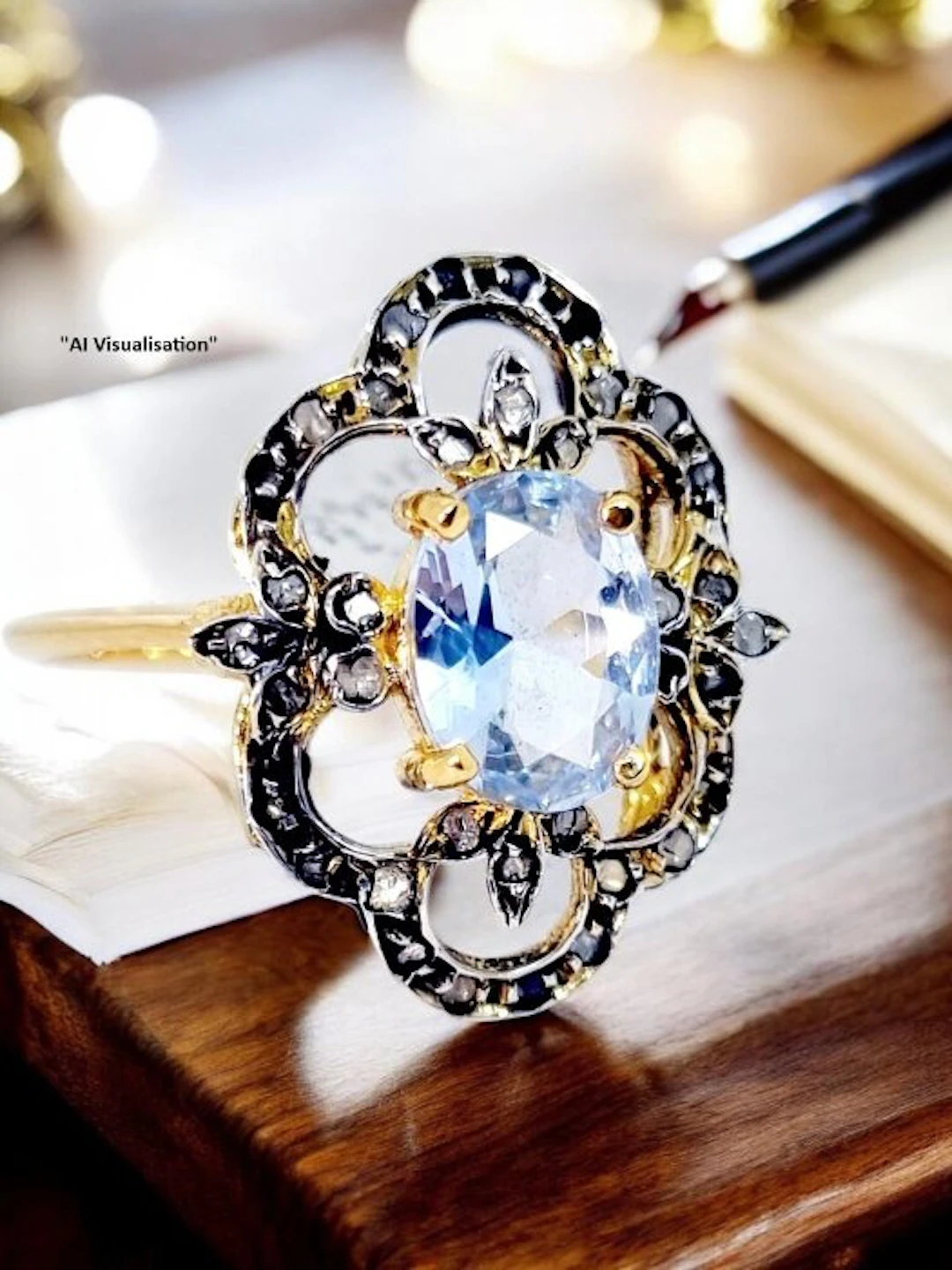 No reserve price - Ring - 9 kt. Silver, Yellow gold Aquamarine - Diamond