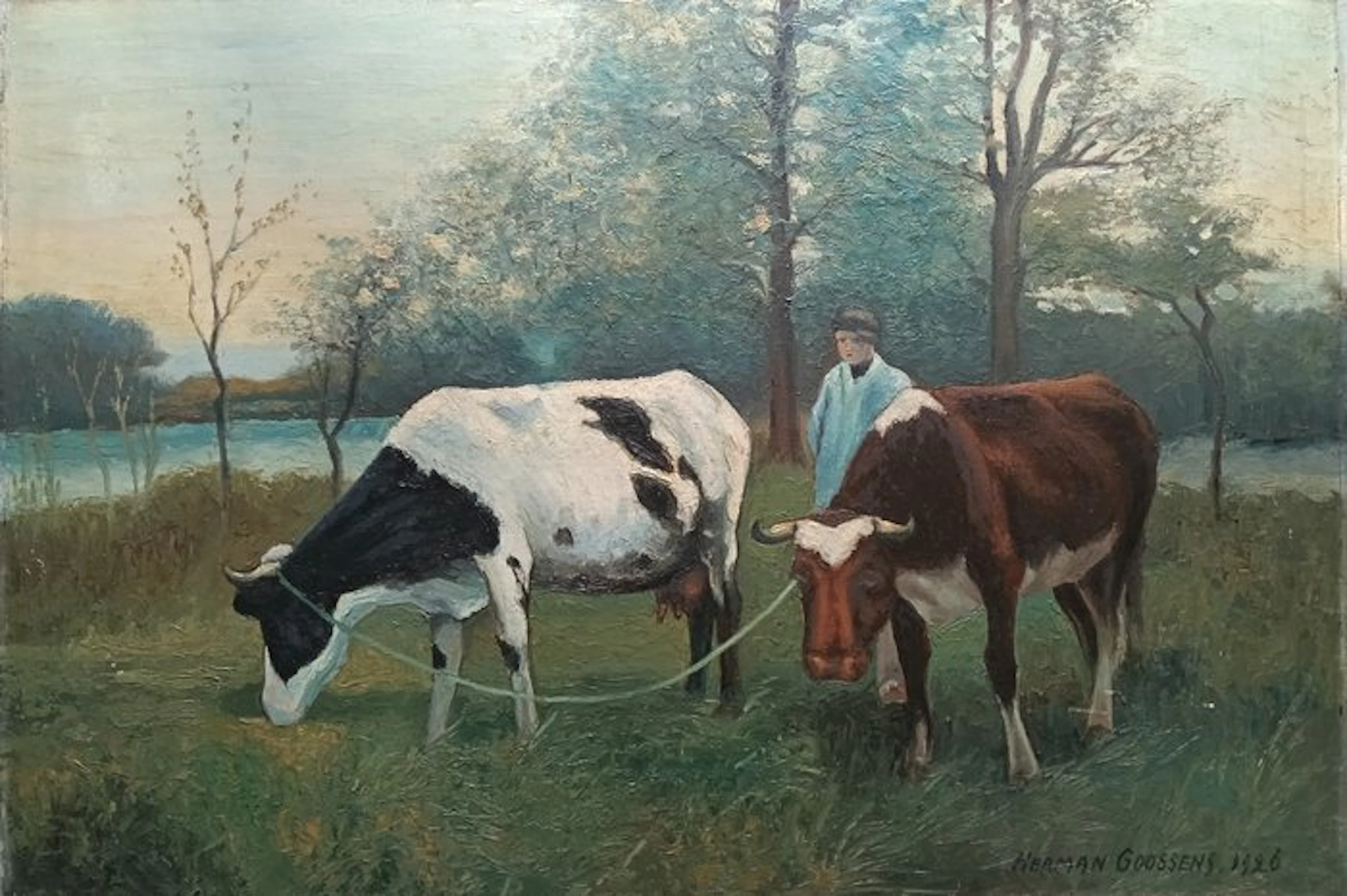 Herman Goossens (XX) - Boer met twee koeien in een wei