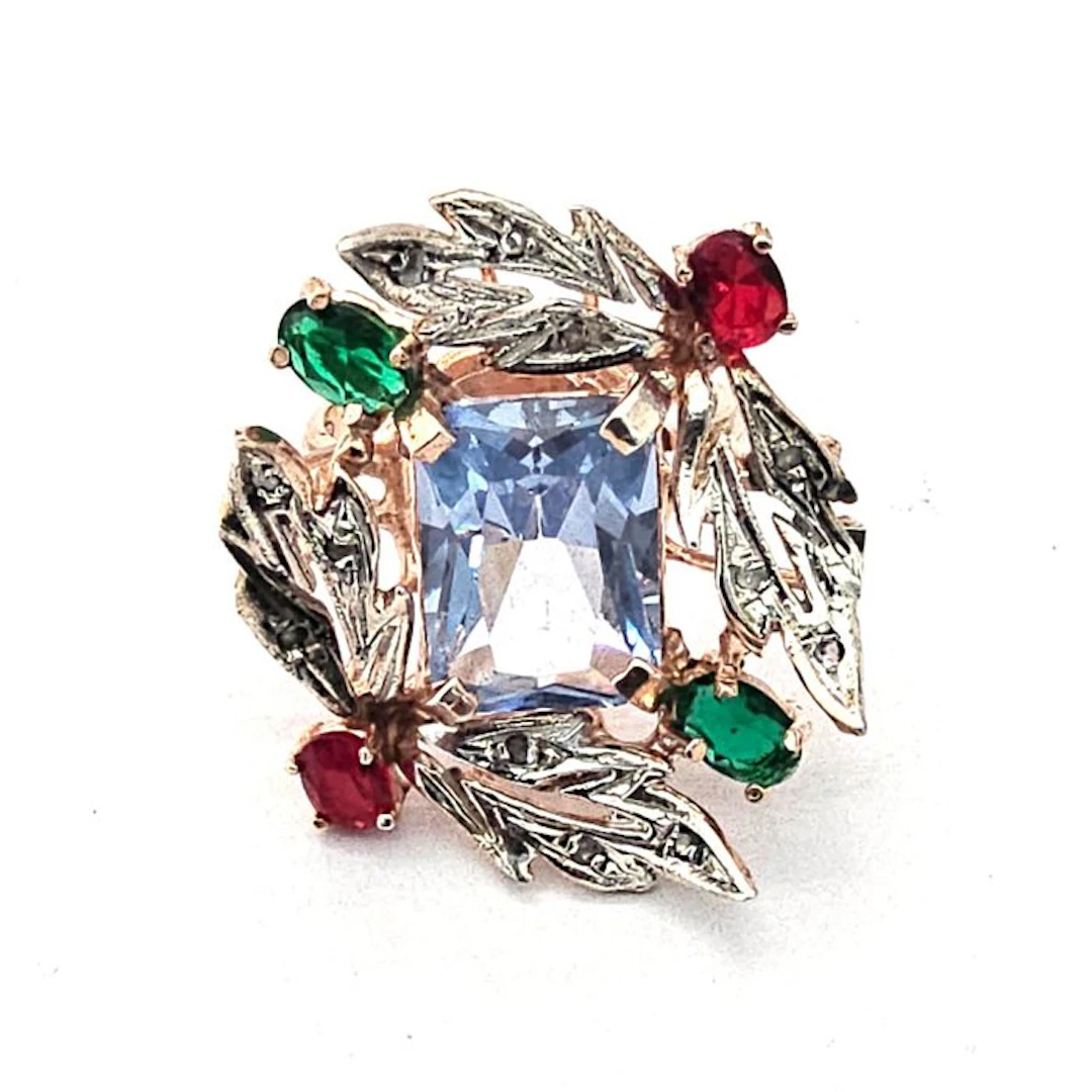 No reserve price - Ring - 9 kt. Rose gold, Silver Diamond (Natural) - Spinel