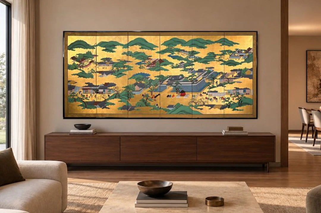 A medium gold leaf on paper six-panel Byōbu (屏風)...