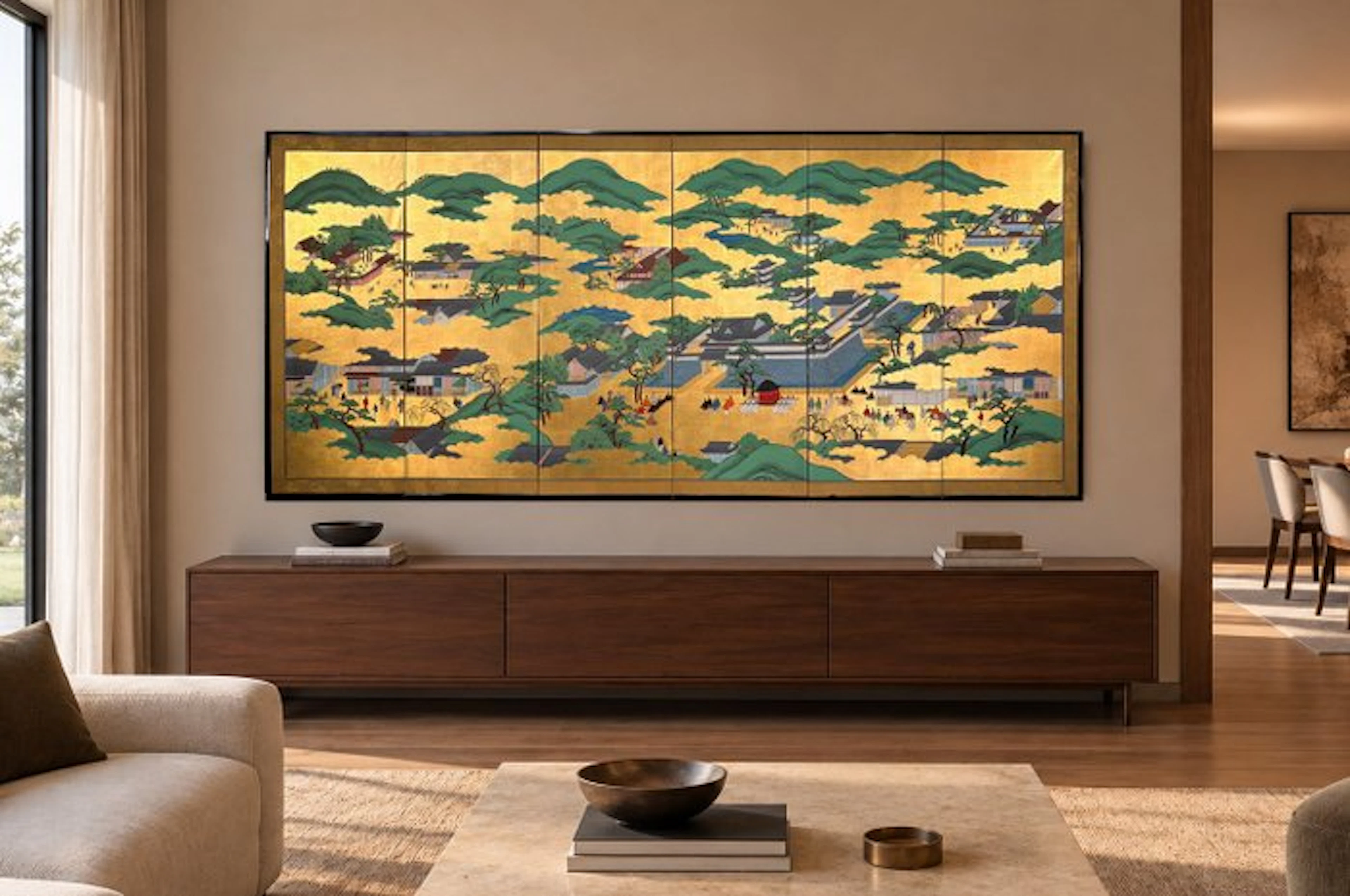 A medium gold leaf on paper six-panel Byōbu (屏風)...