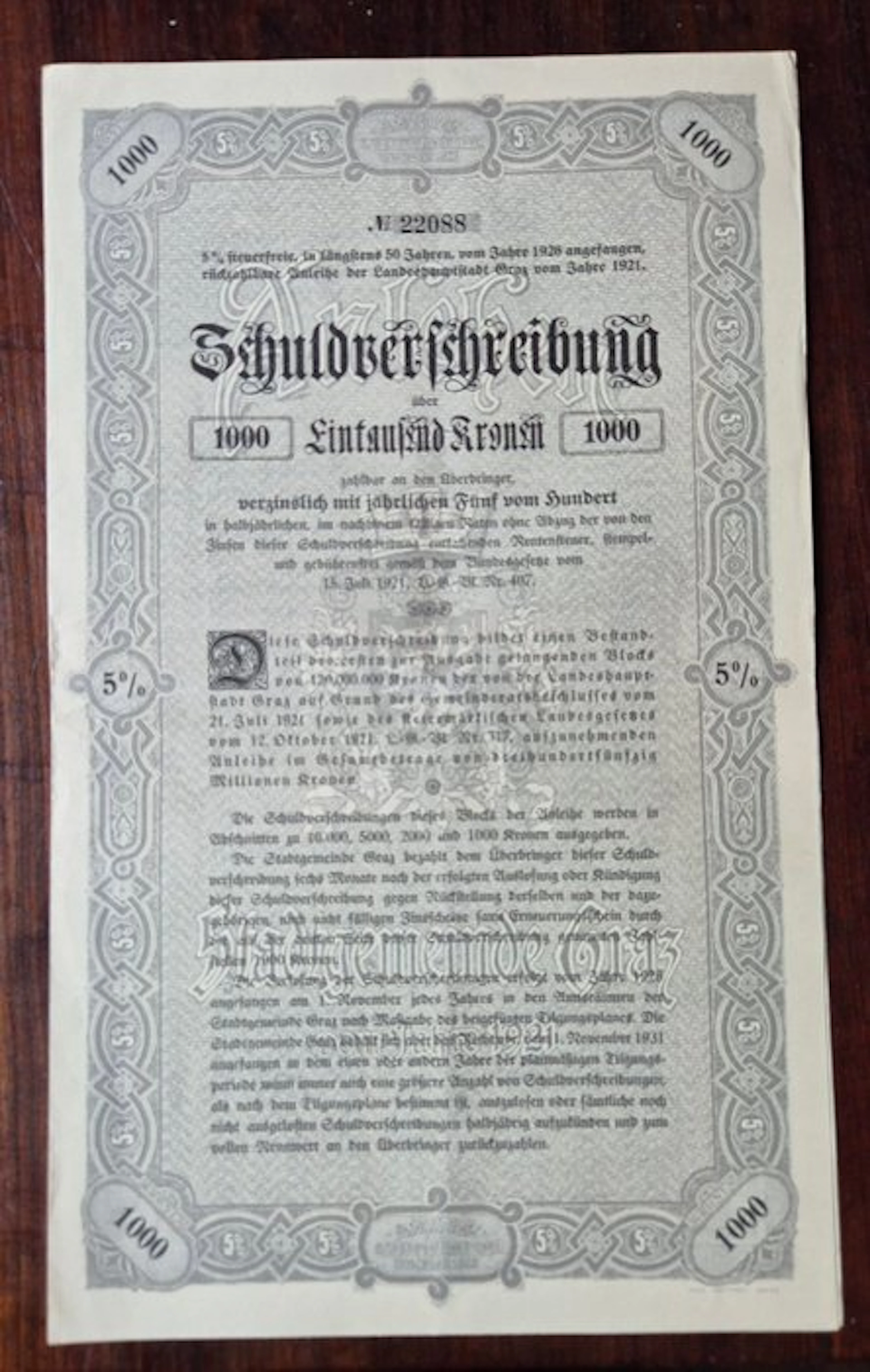 Austria. 1000 Kronen - 1921 Landeshauptstadt Graz - Bond