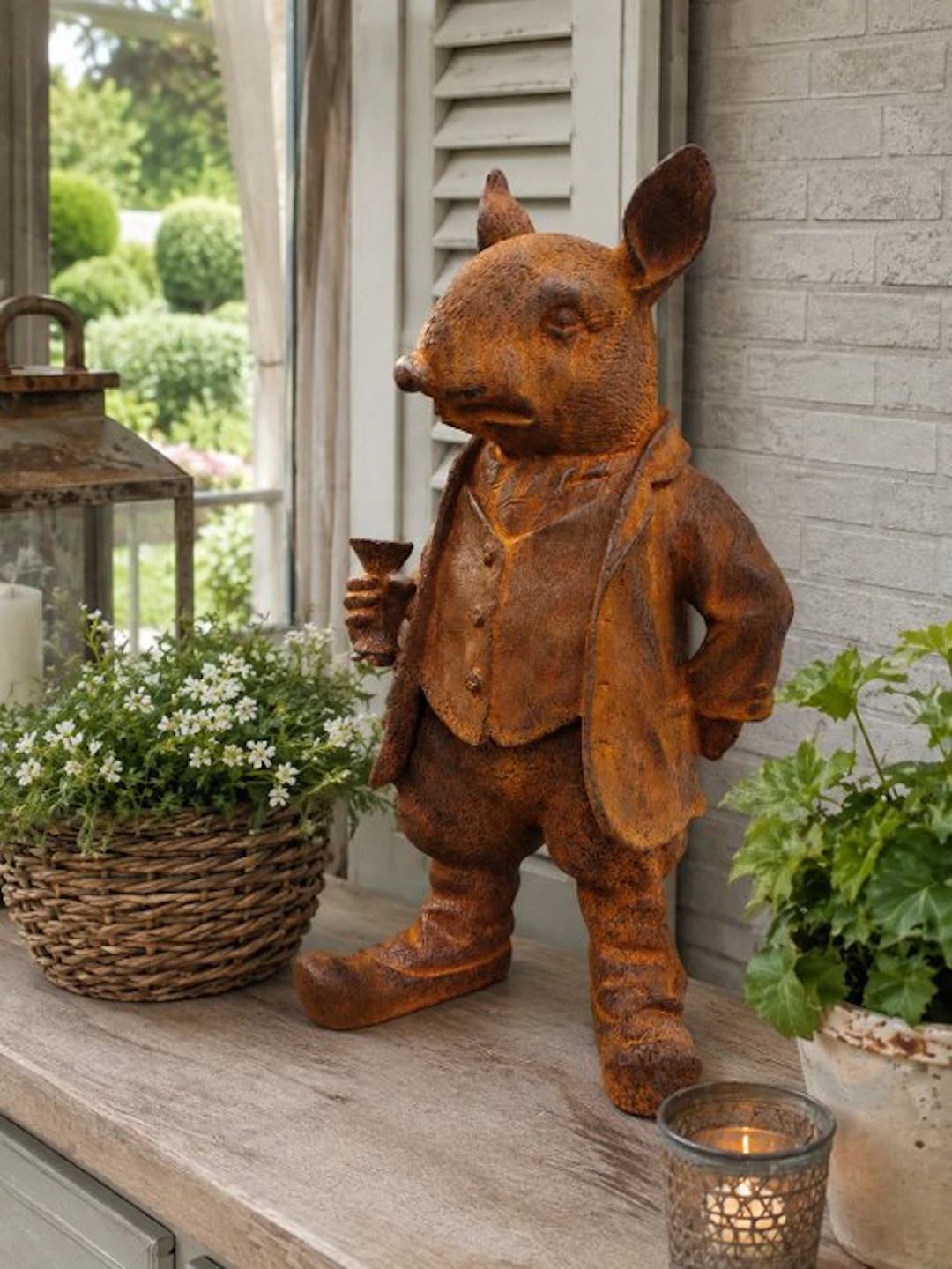 Statue, heavy metal garden statue of a rat with wine glass - 27 cm - rusty iron