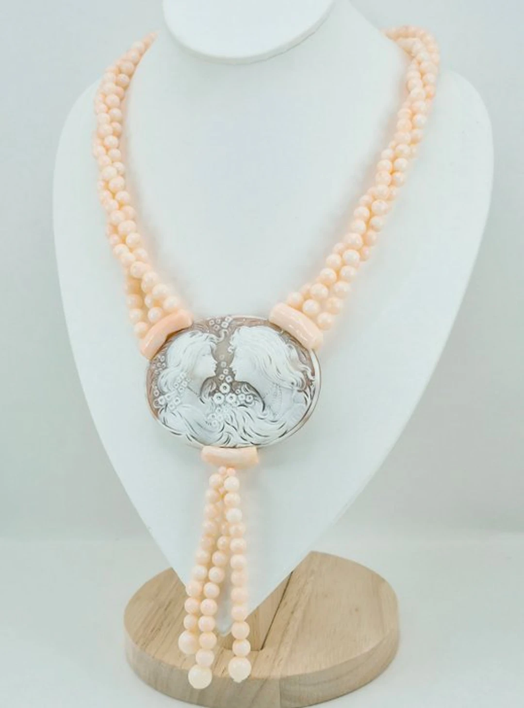 Coral - Silver - Necklace - Pink Coral and Cameo