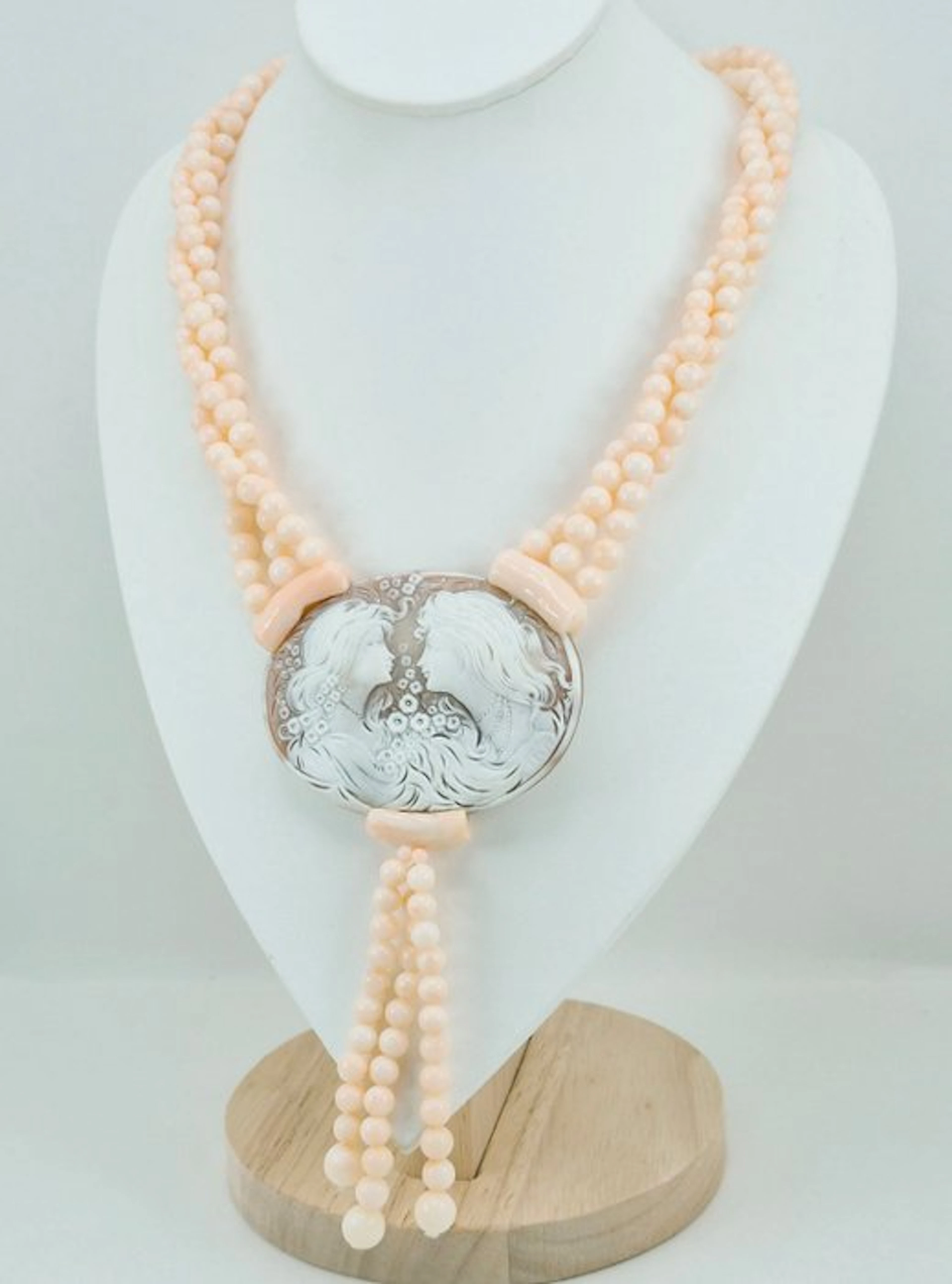 Coral - Silver - Necklace - Pink Coral and Cameo