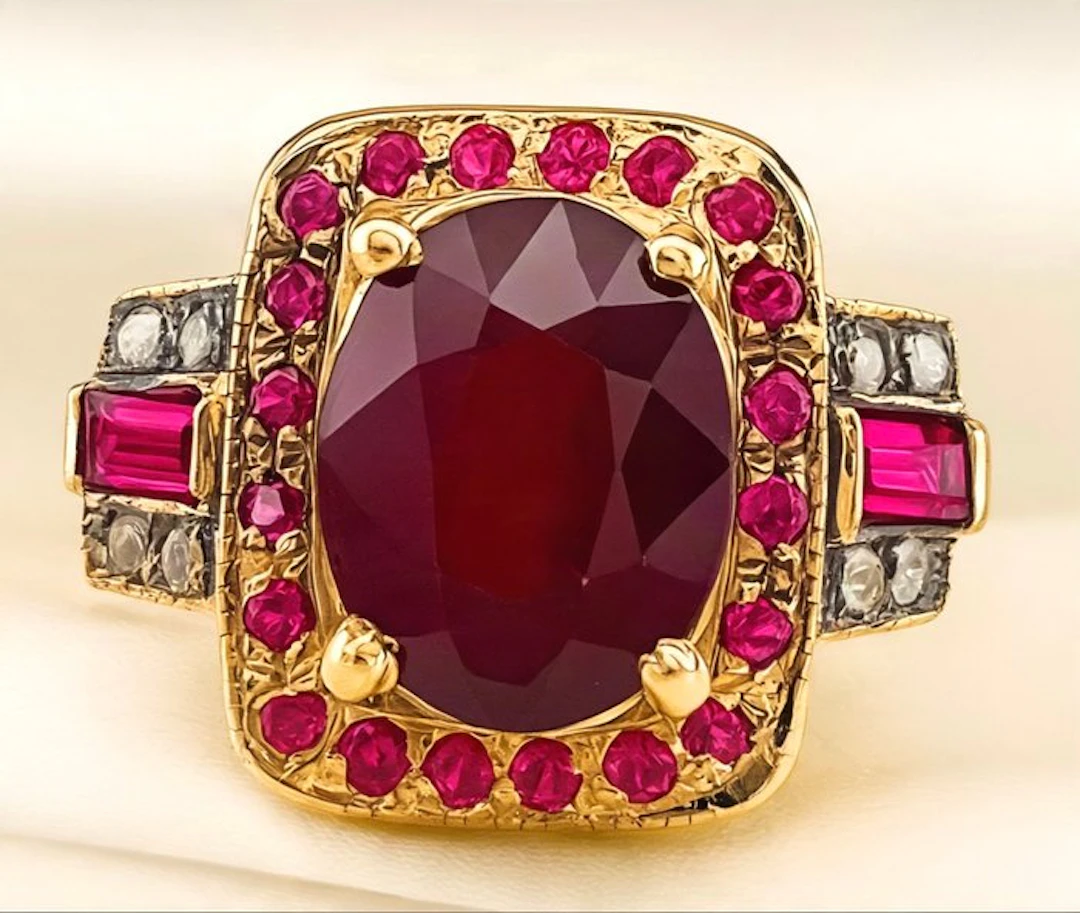 No reserve price - Ring - 9 kt. Yellow gold, Silver Ruby - Diamond