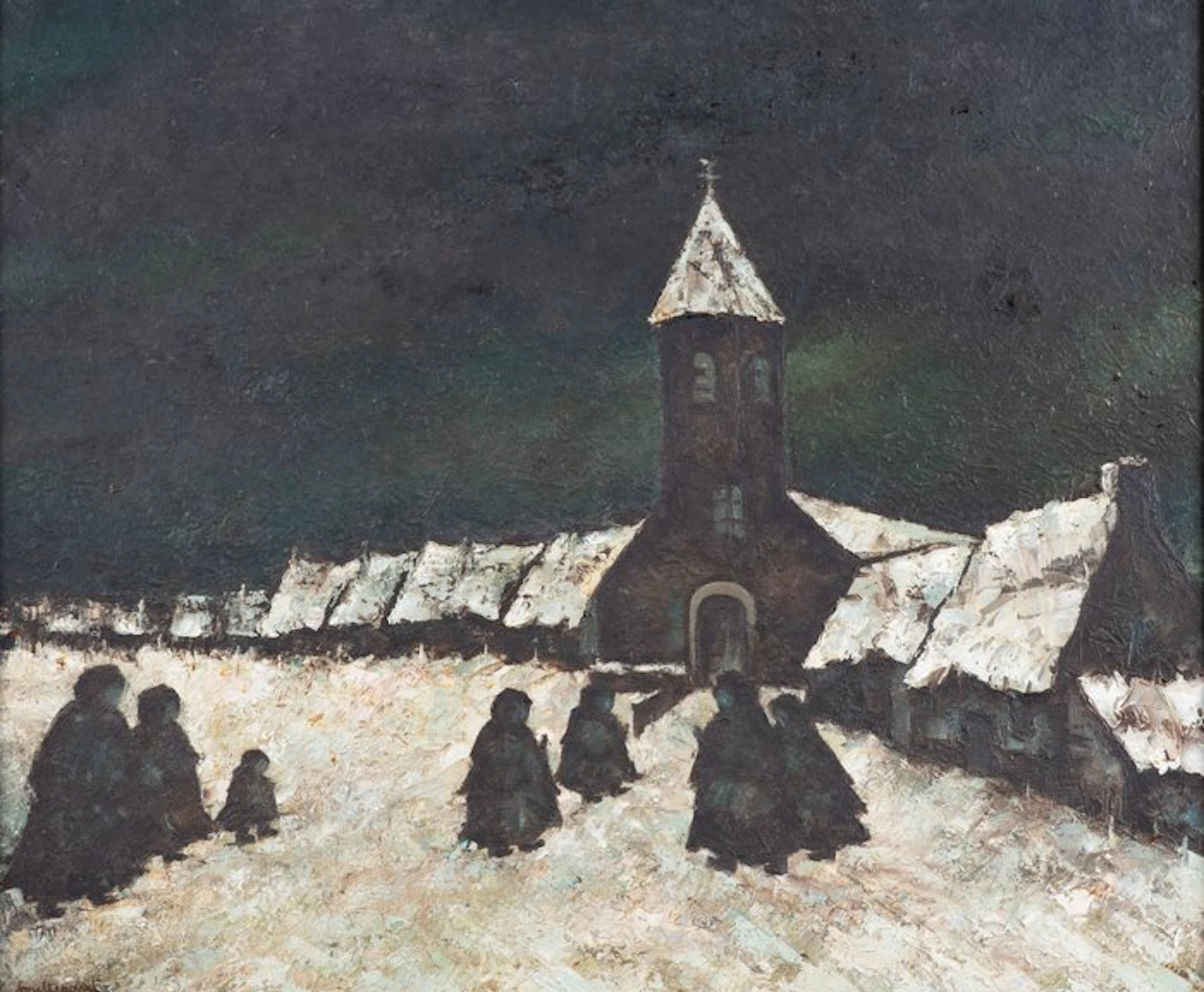Julien Mettenanxt (1922–1988) - Sfeervol winterlandschap met kerkgangers