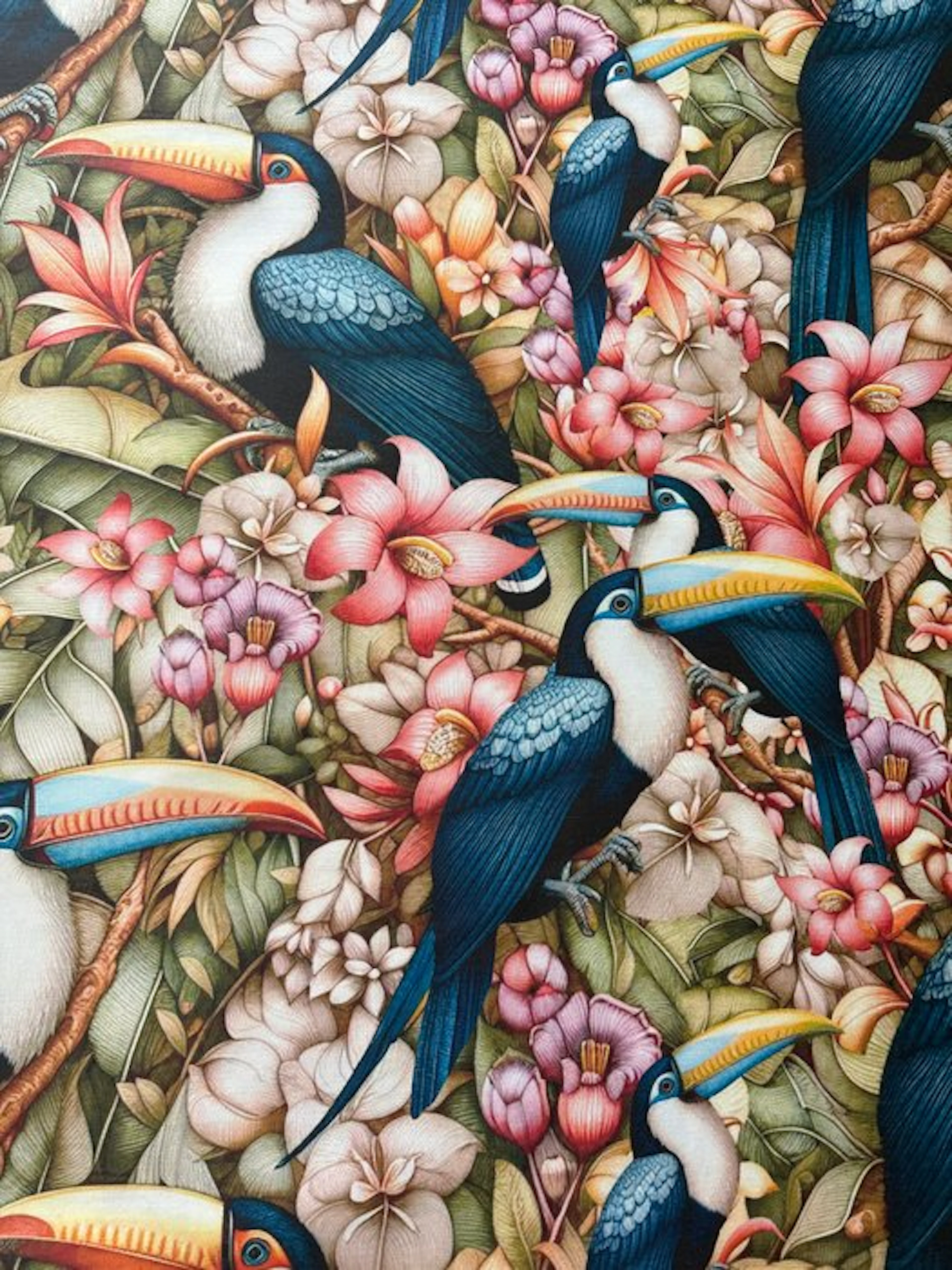 Soft cotton upholstery and drapery fabric with tropical...